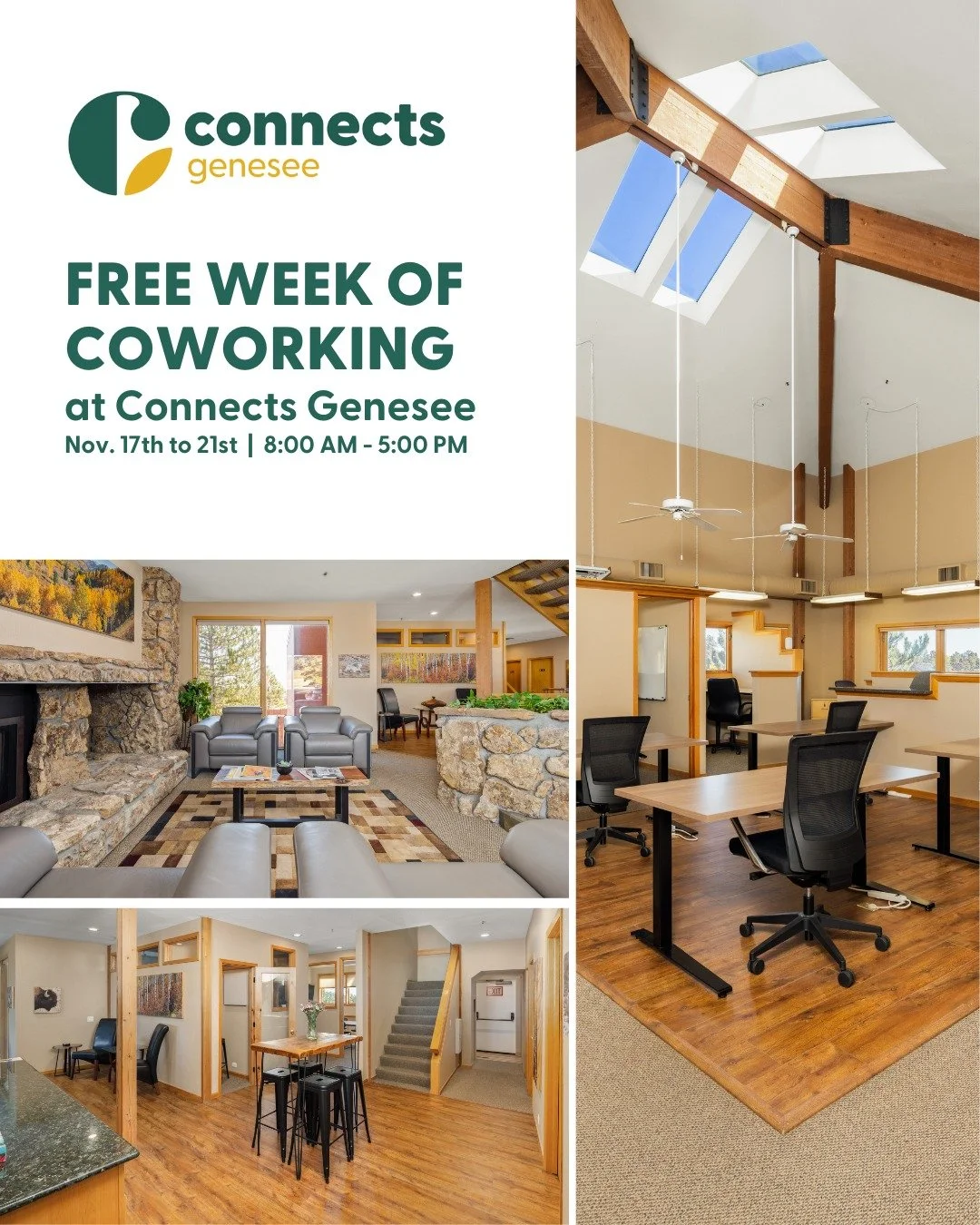 Experience a FREE WEEK OF COWORKING at Connects Genesee : November 17&ndash;21, 8:00 AM - 5:00 PM.
📍 25568 Genesee Trail Rd. Golden, CO

Work in chalet-style comfort with mountain views, a crackling fireplace, and a focused, friendly atmosphere.

Re