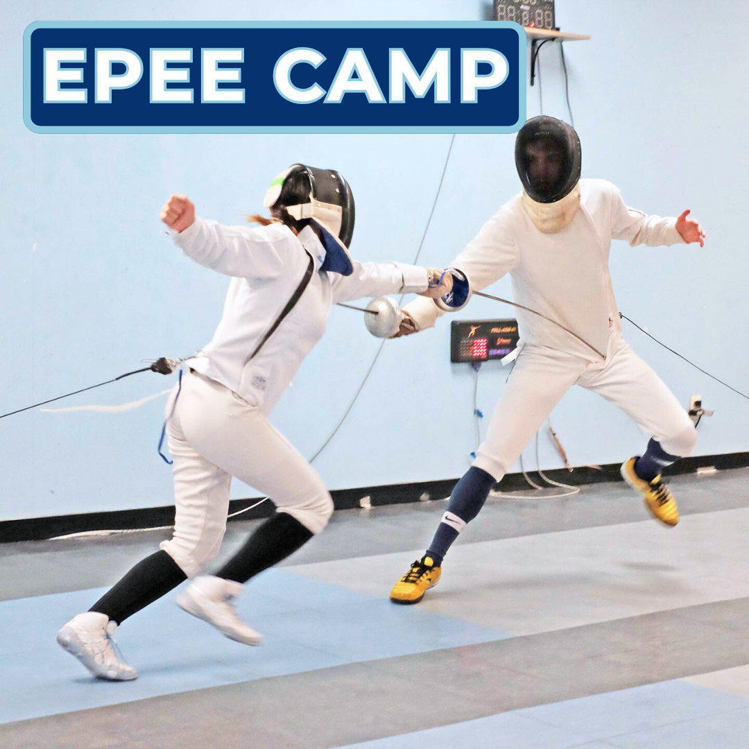 Two people fencing in a gym, with a sign reading "EPPE CAMP" in the background.