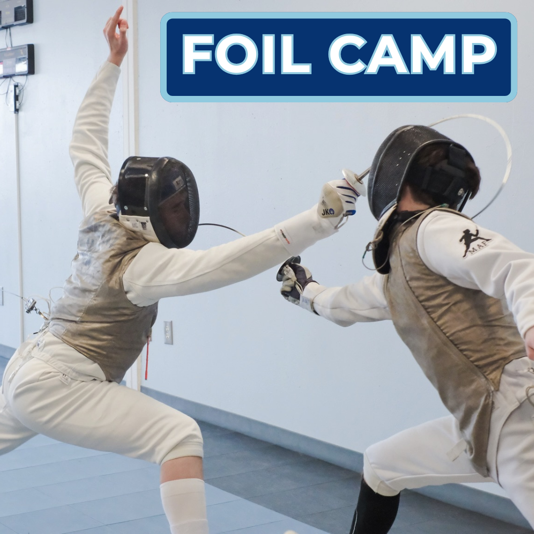 Two fencers engaged in a foil fencing match, wearing protective gear including masks, jackets, and gloves, with a sign that reads 'Foil Camp' in the background.