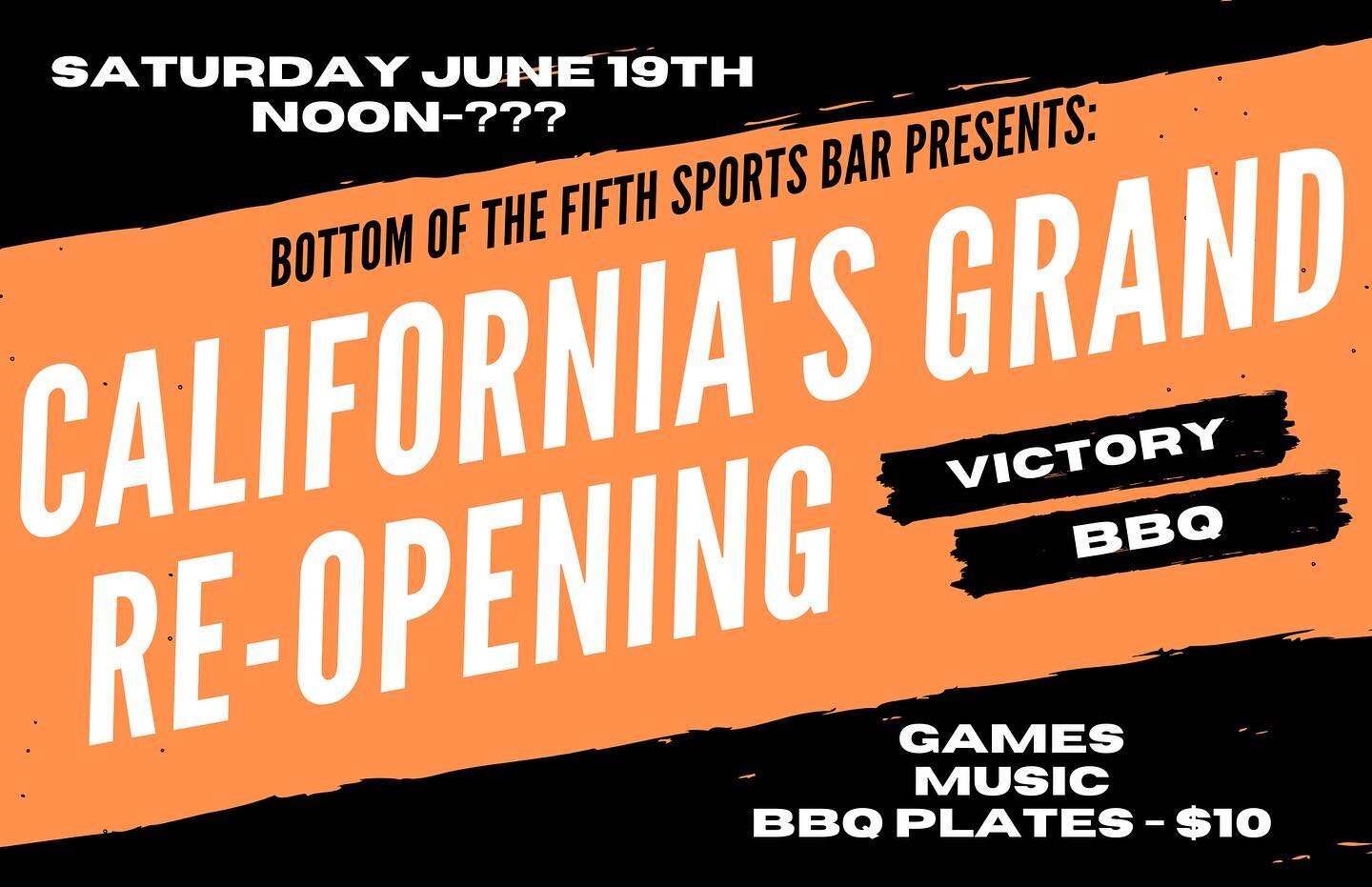 So - we are having a party! 
After California re-opens, please join us for a celebration BBQ June 19th! We will have games in the parking lot, music and a special BBQ plate! Come join the fun!