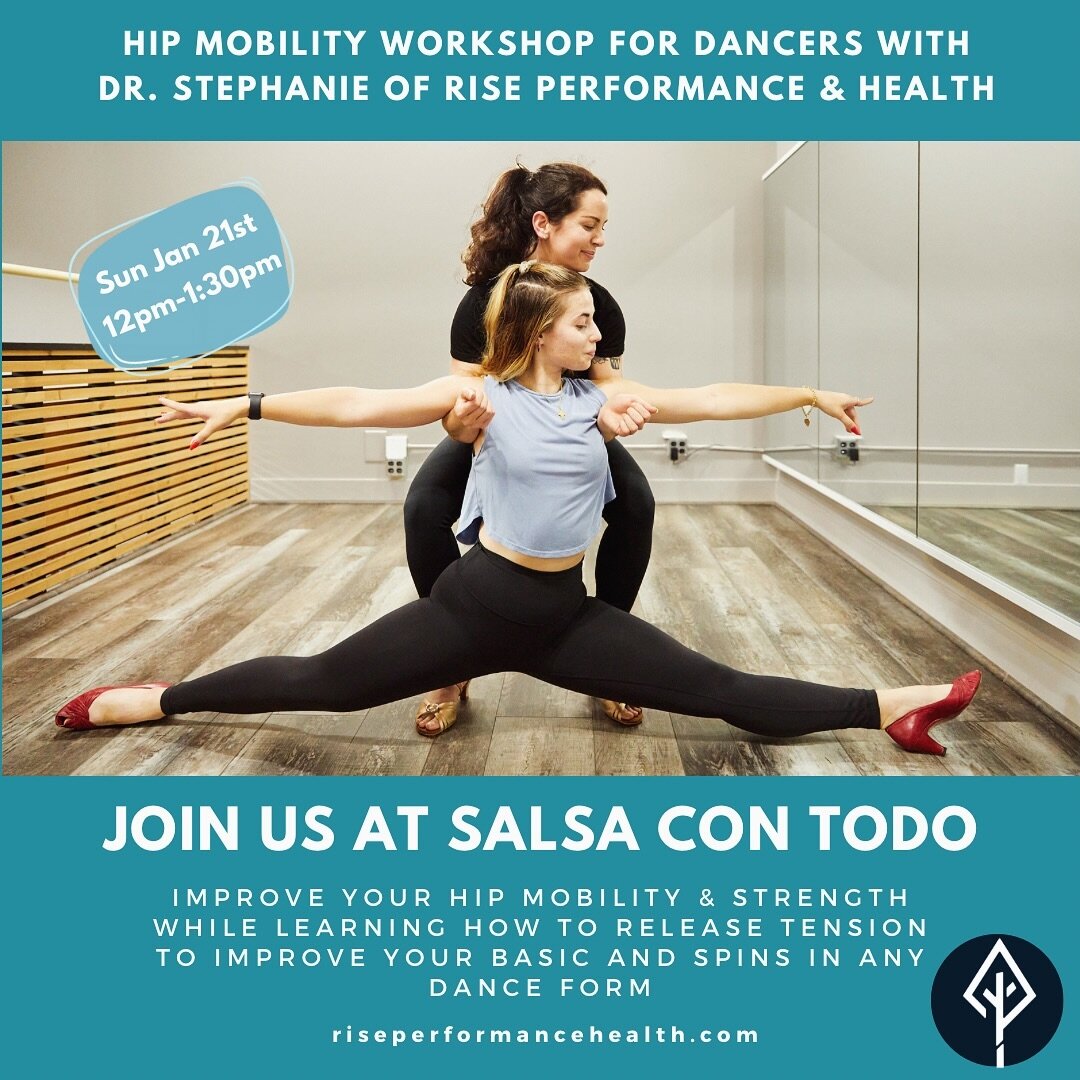 ATTENTION members at @salsacontodo! Have you been getting hip or back pain, or concerned you might in the future? Come to Dr. Stephanie&rsquo;s INTERACTIVE hip mobility workshop to&hellip;
✨improve mobility of your hips
✨improve strength of your hips