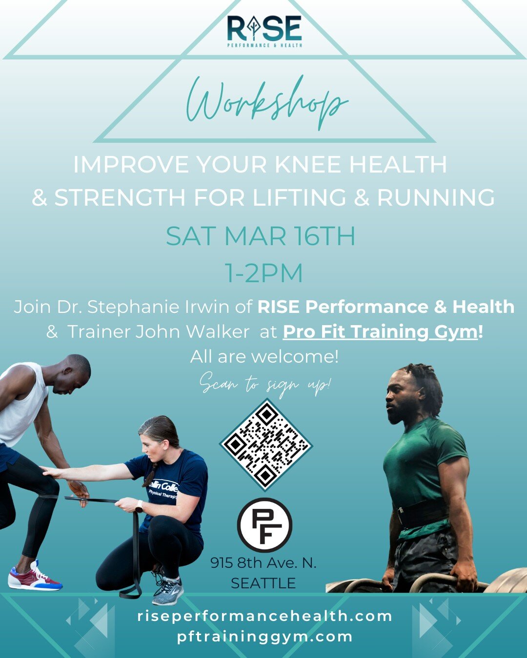 DON&rsquo;T MISS THIS EPIC COLLAB WORKSHOP! 

Join @dr.stephanielynne with RISE Performance &amp; Health &amp; Trainer John Walker at Pro Fit Training Gym to Improve your Knee Health &amp; Strength for Lifting &amp; Running! All are welcome! 
📆 Satu