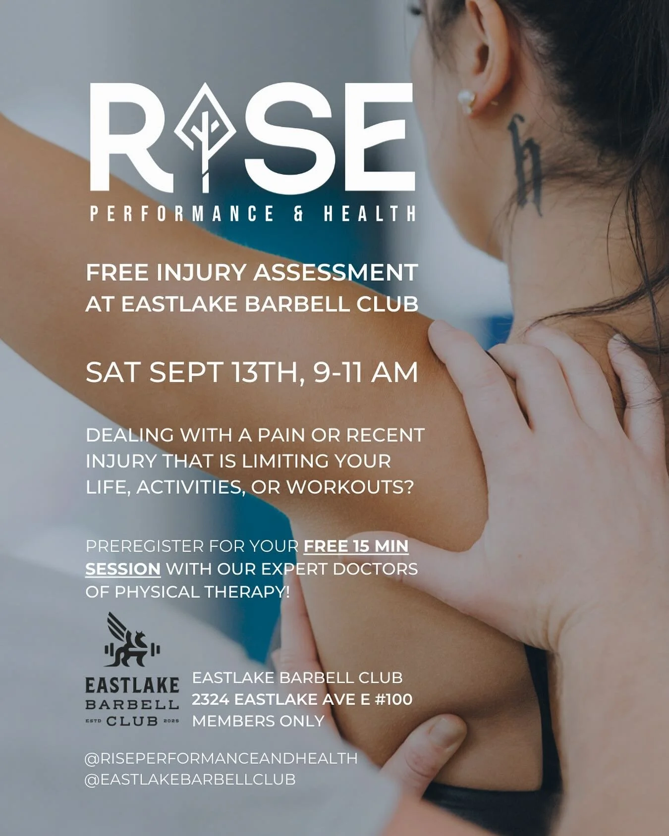 Hey @eastlakebarbellclub community! The PT's over here at @riseperformanceandhealth &gt; @dr.stephanielynne &amp; @roy__parsons are offering FREE 15min Injury Assessments for Members of Eastlake Barbell Club!

Why, you ask? Because we want all of you