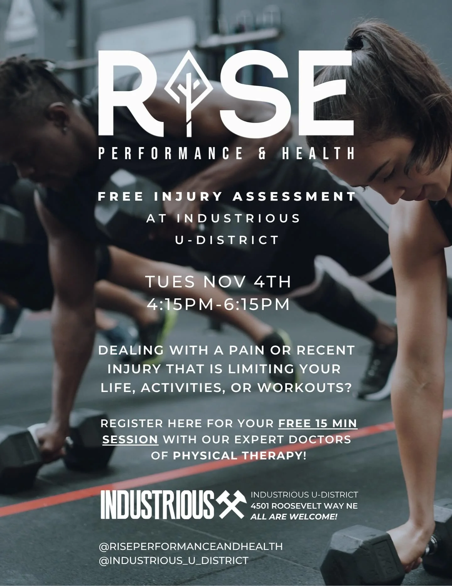 🏋🏽&zwj;♀️@industrious_u_district community, you're already showing up to the HALO and putting in the work. Now make sure your body can keep up with your goals, pain free! 

Tuesday Nov 4th, we're bringing in @riseperformanceandhealth expert doctors