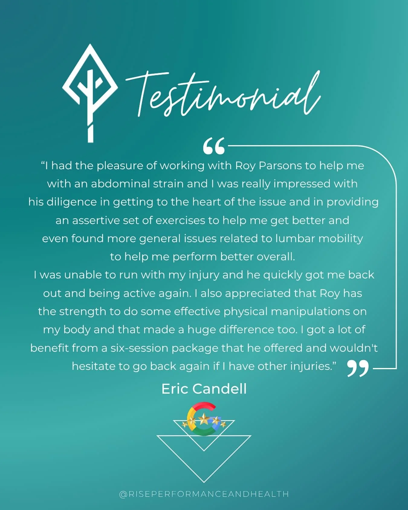 When Eric came to RISE with an abdominal strain that kept him from running, @dr.roy_parsons took the time to understand the full picture. Through careful assessment, targeted manual therapy, and progressive exercises, Dr. Roy helped Eric address not 