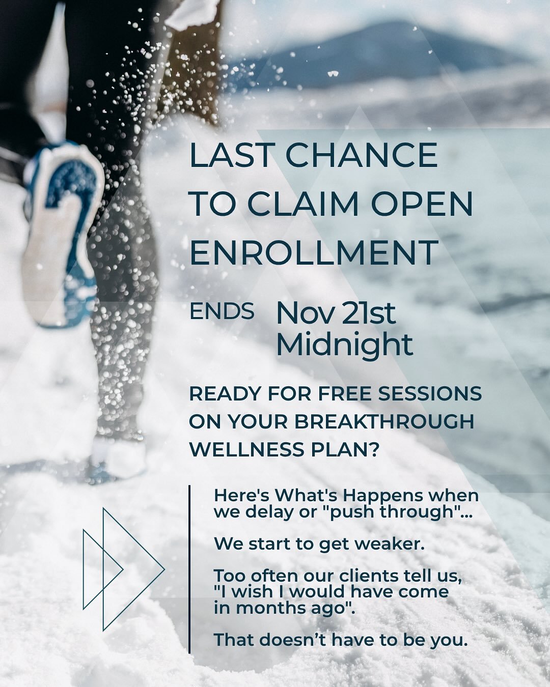 This is it. Your last chance! ⏰ Open Enrollment ends TOMORROW NIGHT at MIDNIGHT&mdash;and we're down to just 4 packages left.

Here's what we know from years of working with active people:
When we delay investing in our health, we start to get weaker