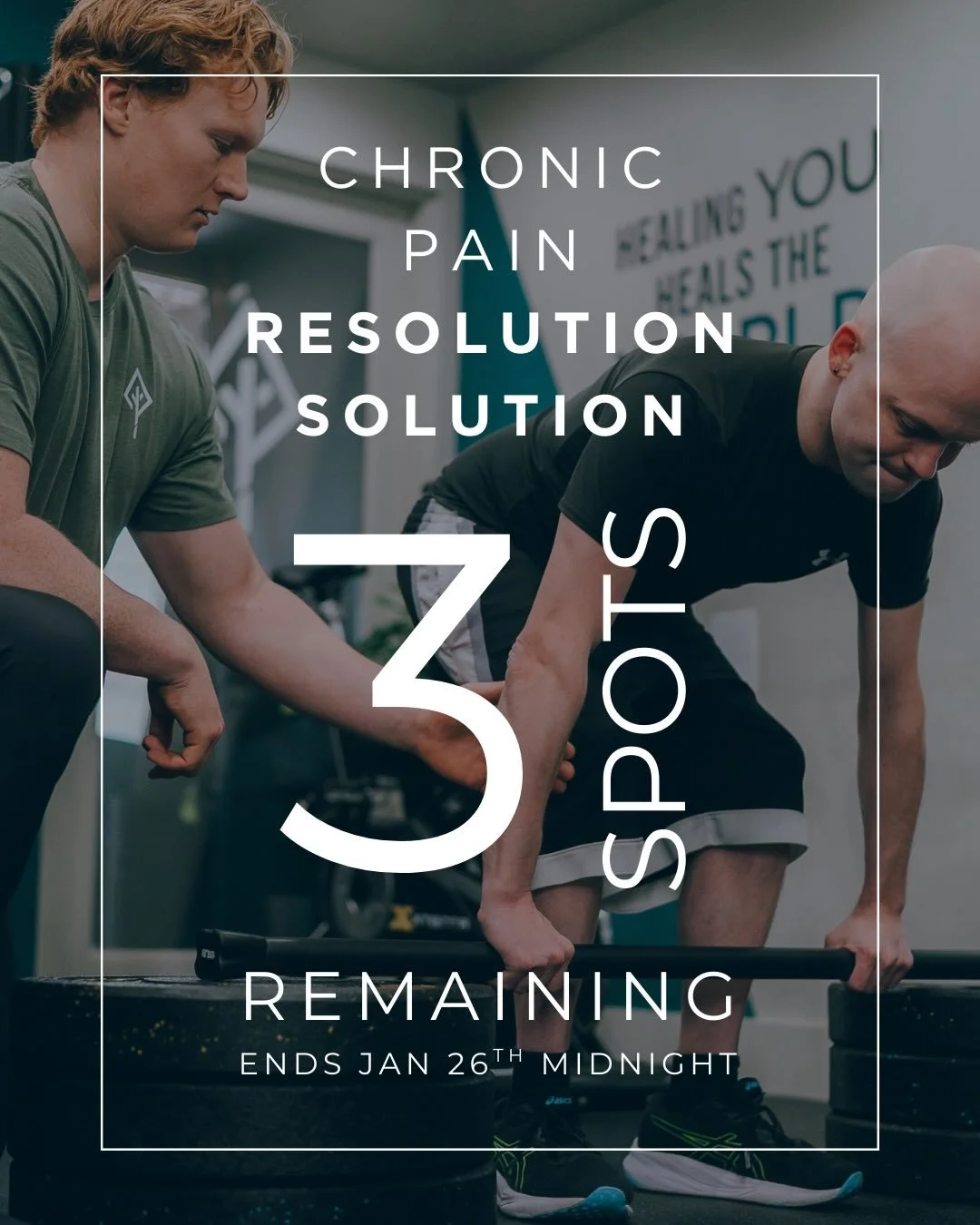 Only 3 spots left! If you've been waiting to finally do something about that chronic pain or recurring injury&mdash;this is your moment. We've had an incredible response to our Resolution Solution, and we're down to just 3 evaluation spots before thi