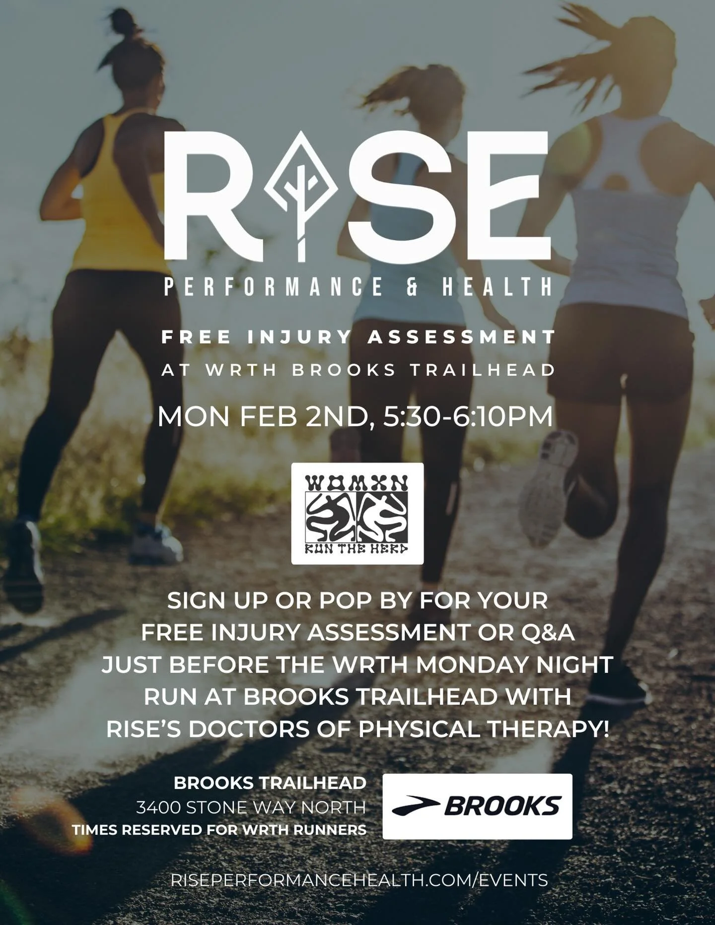 Catch us before your Monday night run! 🏃&zwj;♀️ RISE is joining the herd at @womxnruntheherd at @brooksrunningseattle on Monday, February 2nd for FREE Injury Assessments just before the Monday night group run!

Got a persistent pain you're noticing 