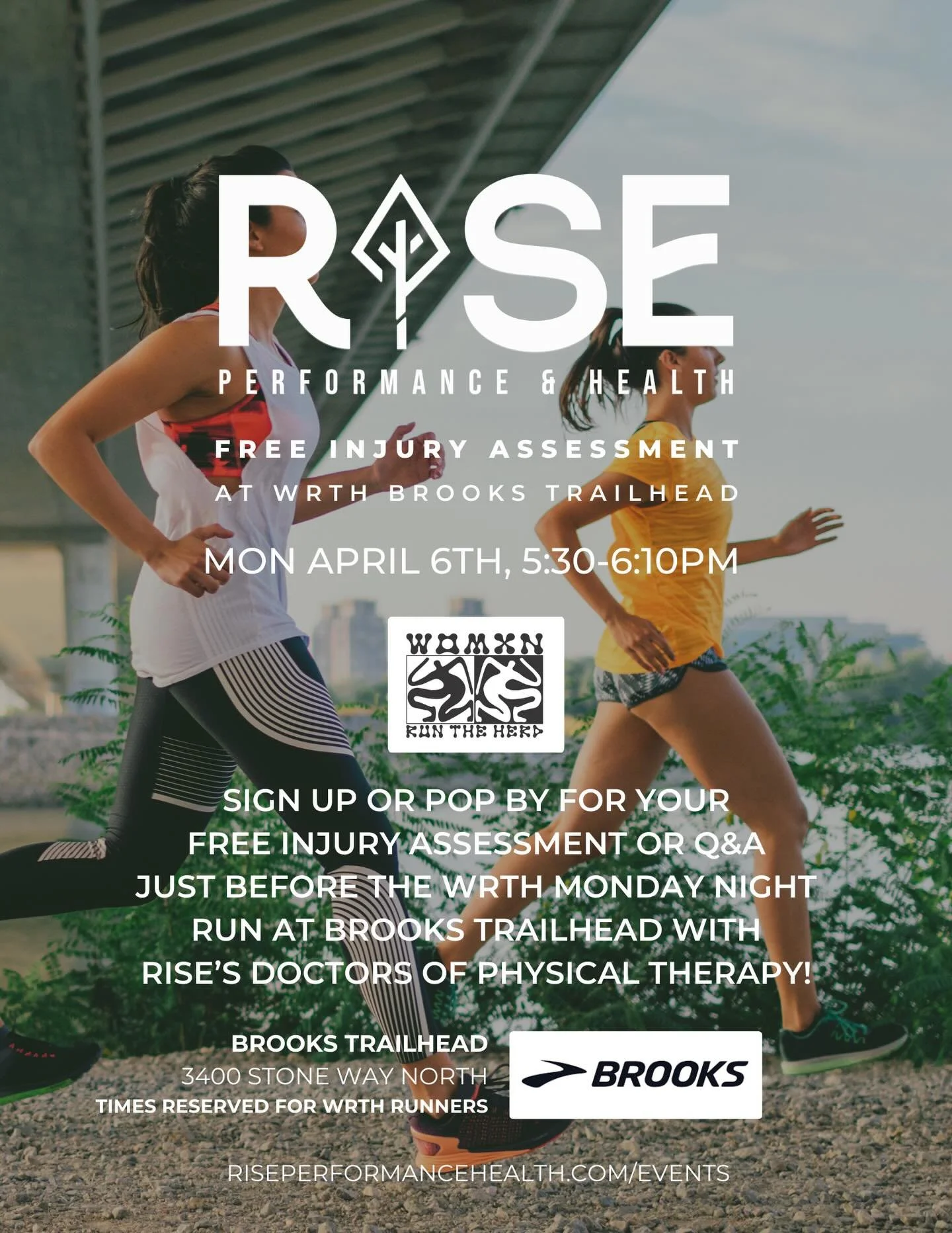 🏃🏽&zwj;♀️🏃🏿&zwj;♀️ We're back with the herd! Join RISE at WRTH Brooks Trailhead on Monday, April 6th for FREE 10min Injury Assessments before the Monday night group run. Our Physical Therapy Doc @dr.stephanielynne will be on-site from 5:30-6:10pm