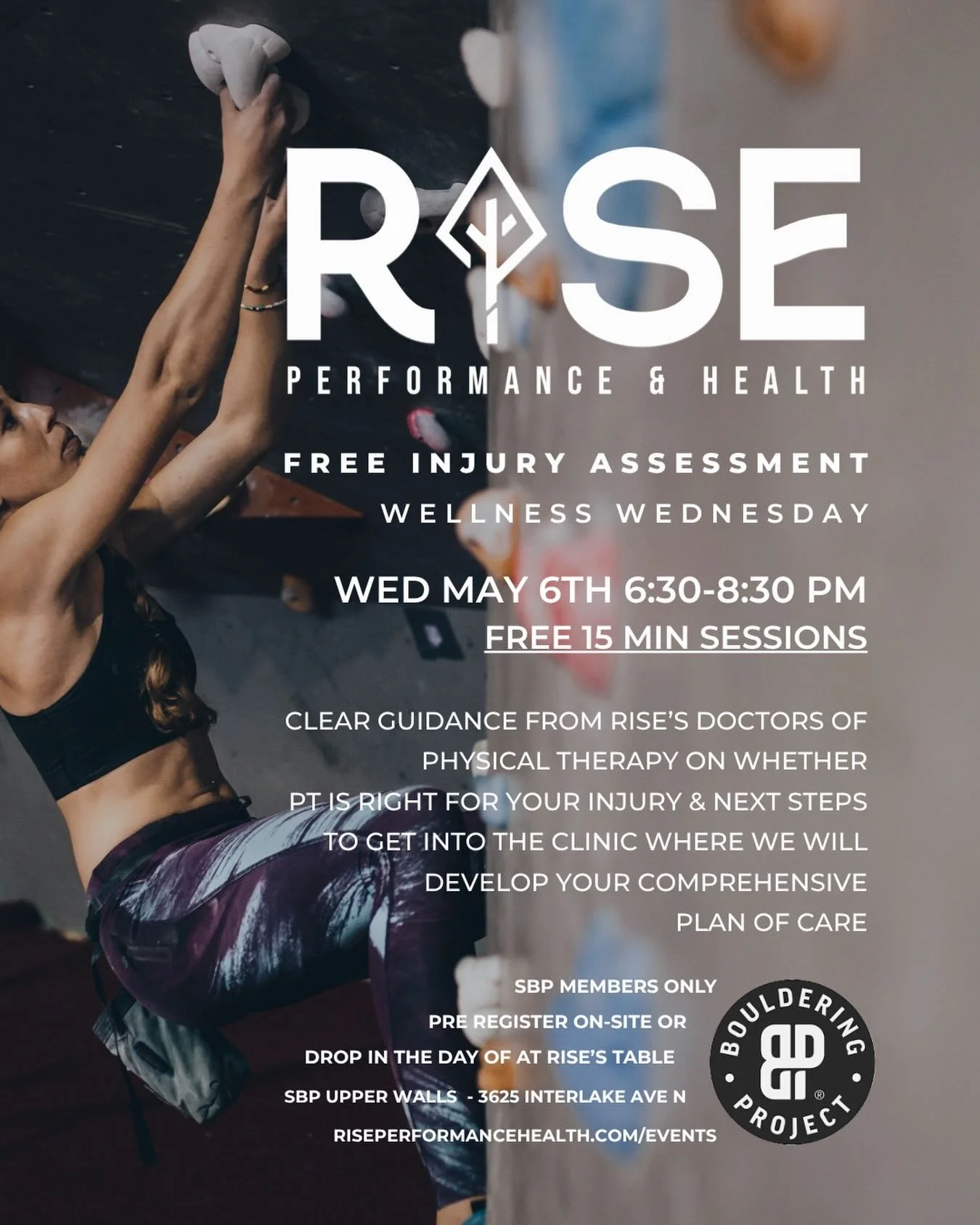 @riseperformanceandhealth is on-site at the new Wellness Wednesday at @seattleboulderingproject Upper Walls! Mark your calendar for May 6th for your free 15-minute injury assessments from 6:30&ndash;8:30 PM!

There is nothing like spring climbing in 