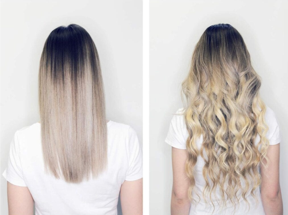 Before and after hair extensions in Oregon by Portland Hair Extensions by Penelope showing straight hair transformed into long, voluminous curls