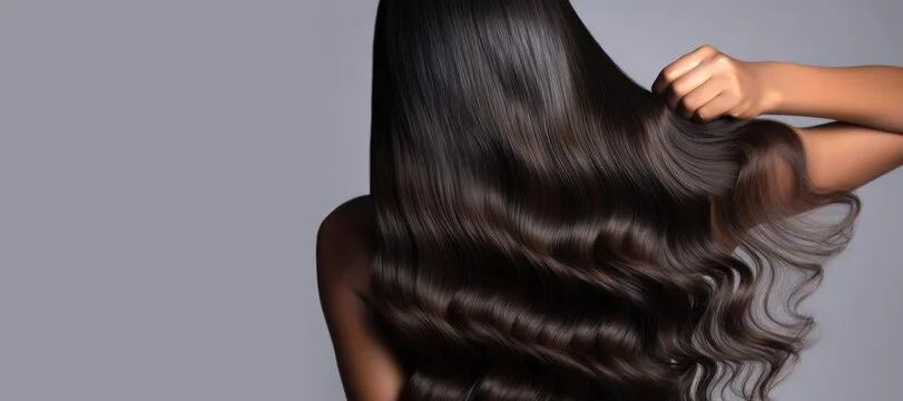 Woman with long, wavy dark brown hair extensions showing natural shine and volume from behind