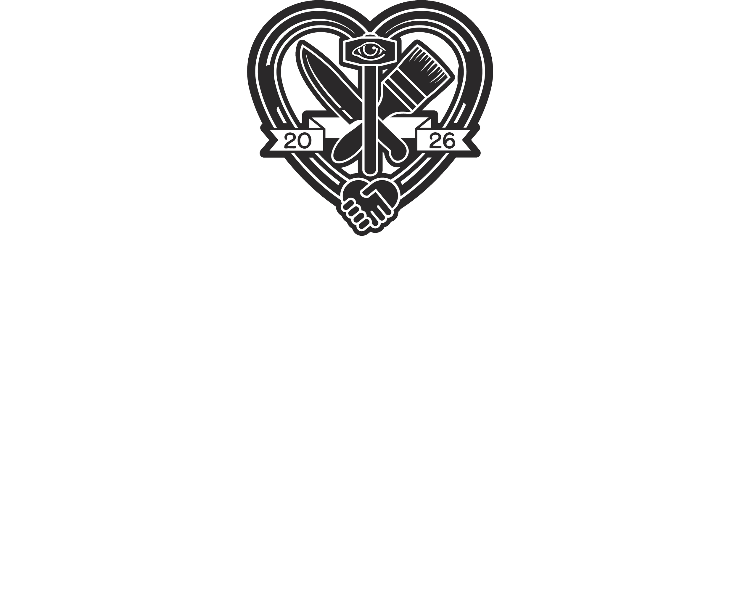 Black and white graphic design with the text 'PVD BTV' and a heart-shaped emblem centered between the words, featuring an eye at the top, a syringe, and a handshake within the heart, with the years 2020 and 2026.