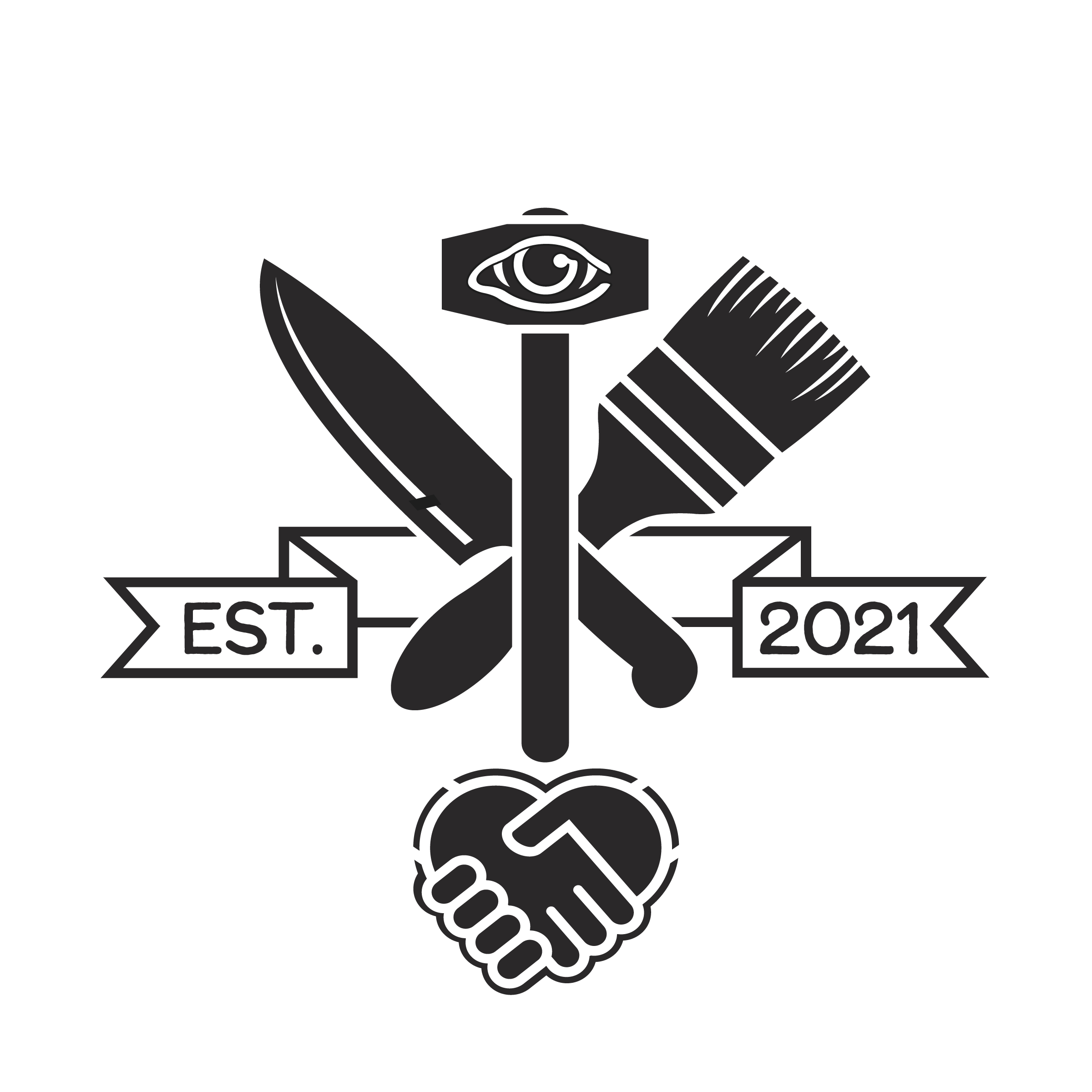 Black and white illustration of a handshake with a ribbon banner below stating 'EST. 2021' and a heart in the background.