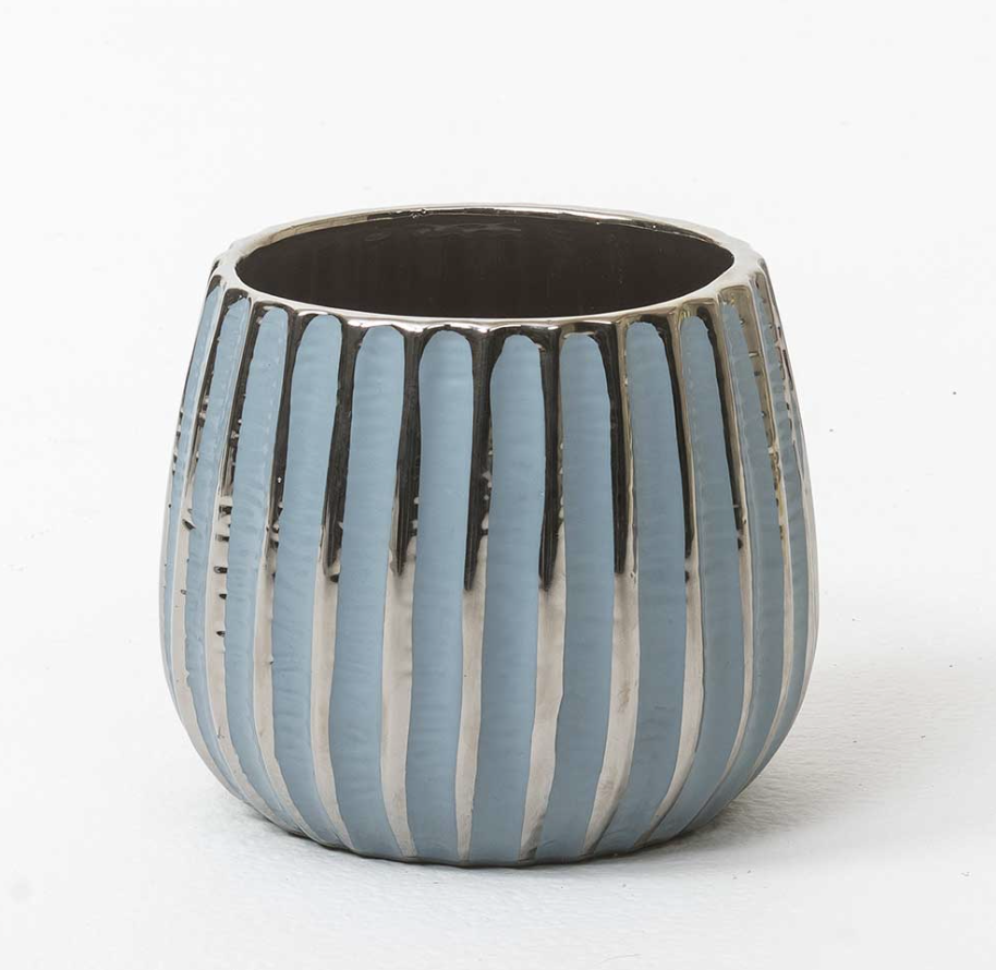 5" Ribbed Blue Ceramic Pot 