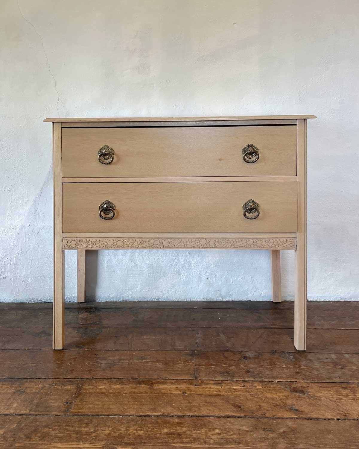 Antique Natural Oak Chest of Drawers with Elephant Wallpaper Lining