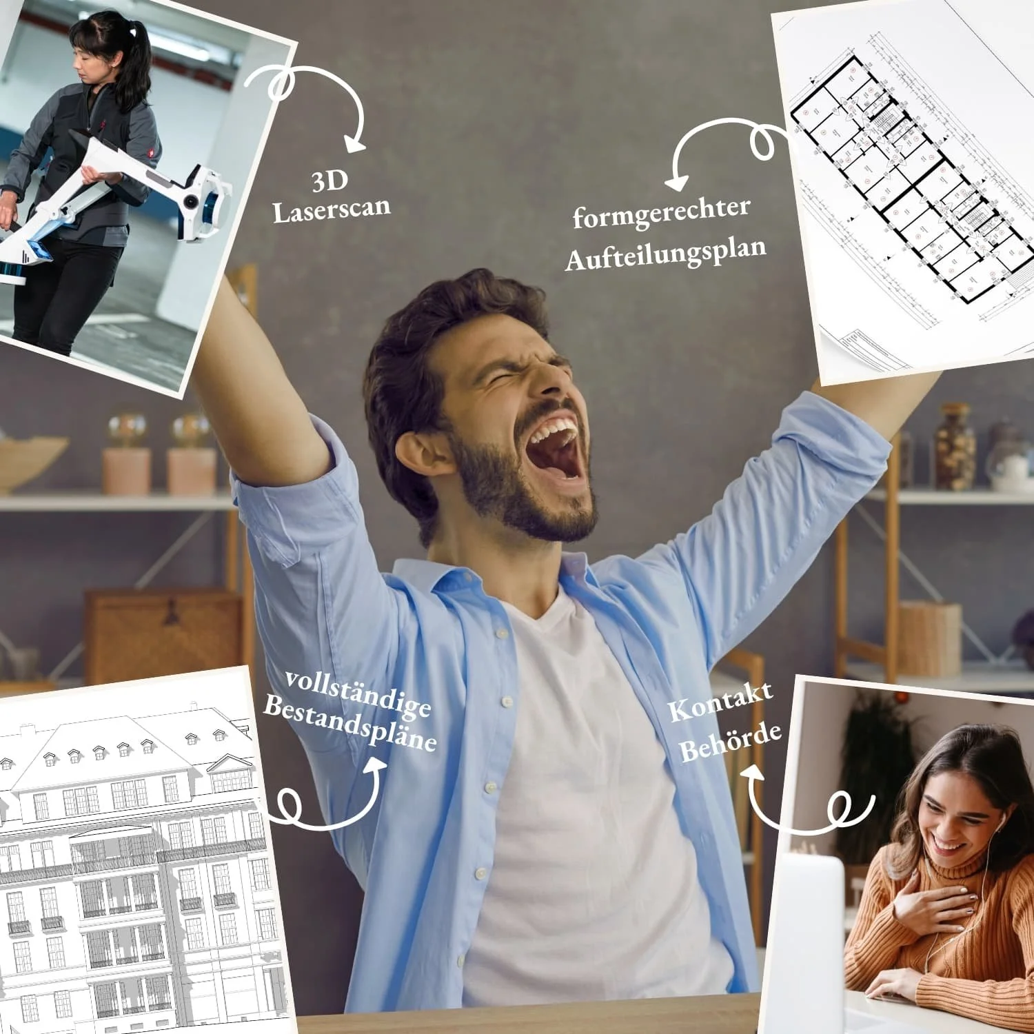 Man mit blauem Hemd am Schreibtisch hebt die Arme in die Luft und jubelt umgeben von Grafiken zum Thema Antrag auf Abgeschlossenheitsbescheinigung