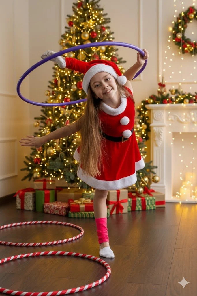 Child dressed in a Santa outfit hula hooping in front of a decorated Christmas tree during a festive kids party activity.