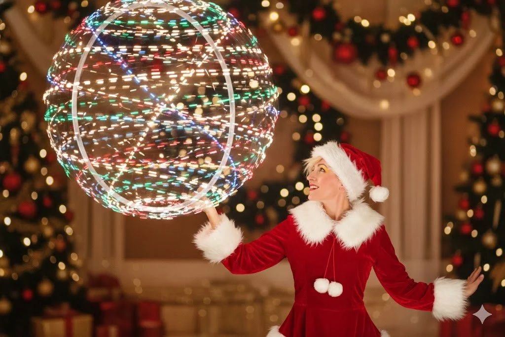 Mrs. Claus performer spinning a glowing LED hula hoop in front of a Christmas tree during a festive kids entertainment show.