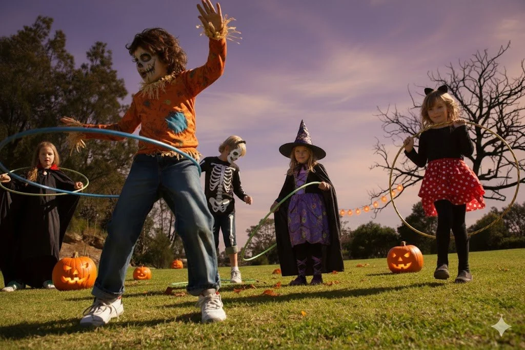 Children in Halloween costumes hula hooping outdoors during a themed workshop with pumpkins and decorations.