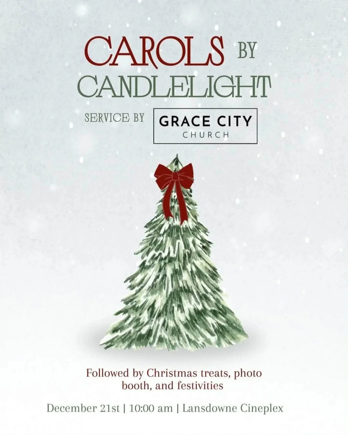 Next Sunday: December 21st 🎄 Grace City Church ✨️ 
We are having a special Christmas service at 10am. We will be singing carols by candlelight, reading the Word, and enjoying some christmas treats and activities following the service in the lobby.
W