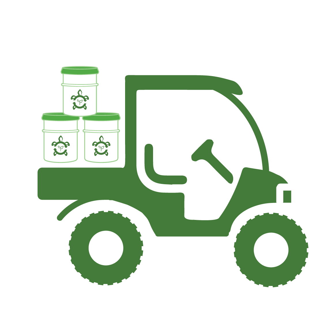 A green silhouette of a small utility vehicle with three containers of fertilizer or chemicals marked with a recycling symbol and a bee logo in the back.