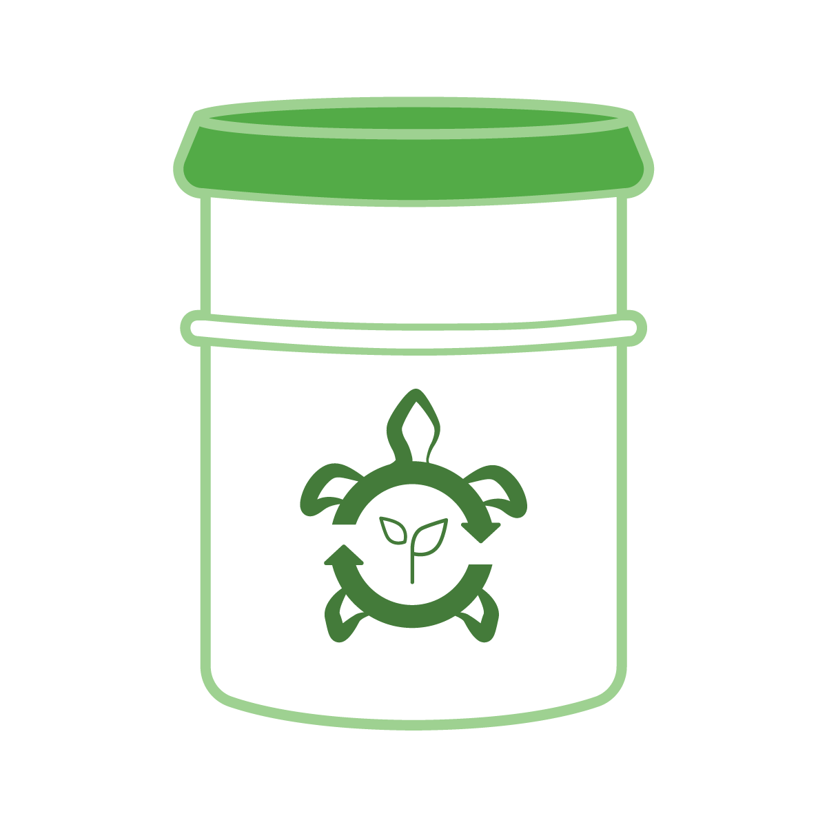 Illustration of a green and white jar with a recycling symbol featuring a plant and leaves on its label.