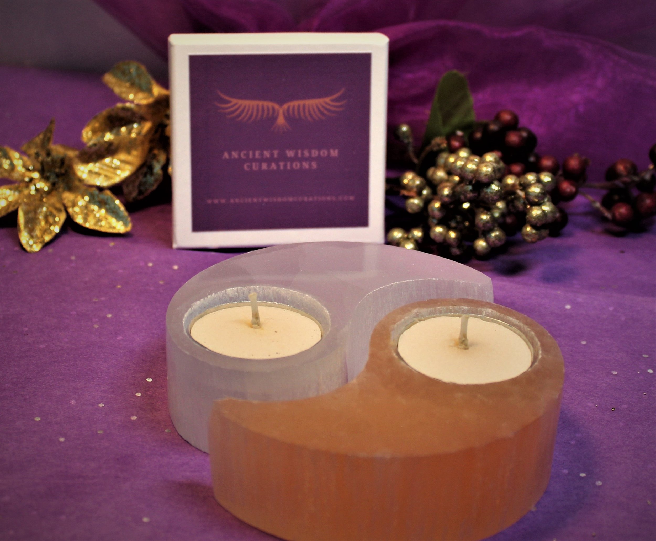 Stunning Yin Yang Selenite Tealight Candle – A unique gift from Ancient Wisdom Curations. Personalize for special occasions