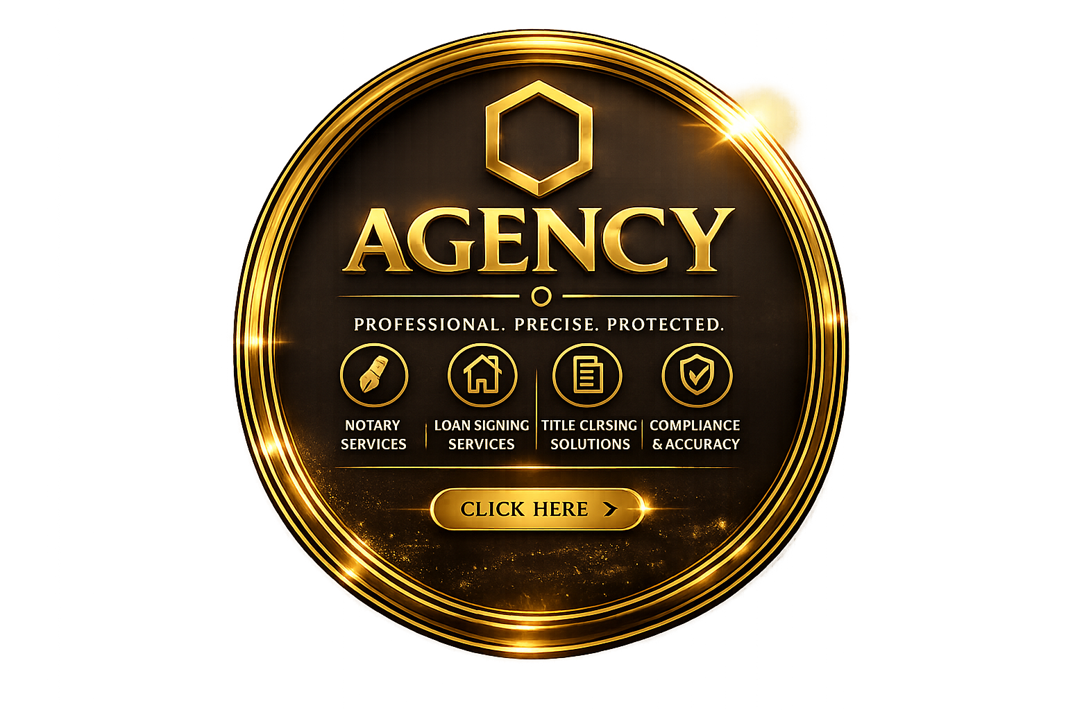 Gold and black circular emblem advertising a professional agency with services including notary, loan signing, title closing, and compliance, with a 'Click Here for MPIYER Agency' button at the bottom.