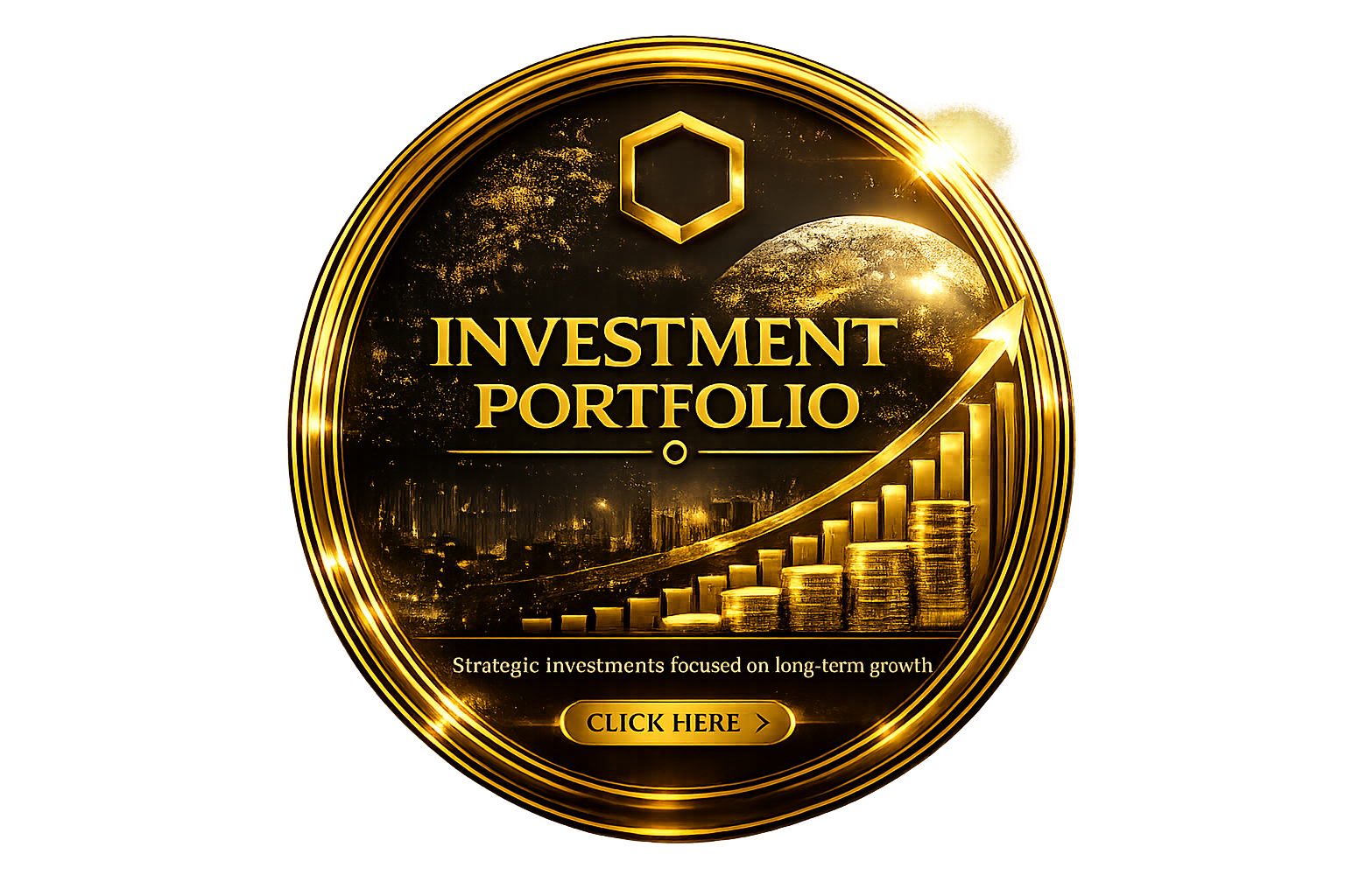 Gold-colored graphic promoting MPIYER Investment Portfolio with a bar chart, upward arrow, and a globe in the background with cityscape