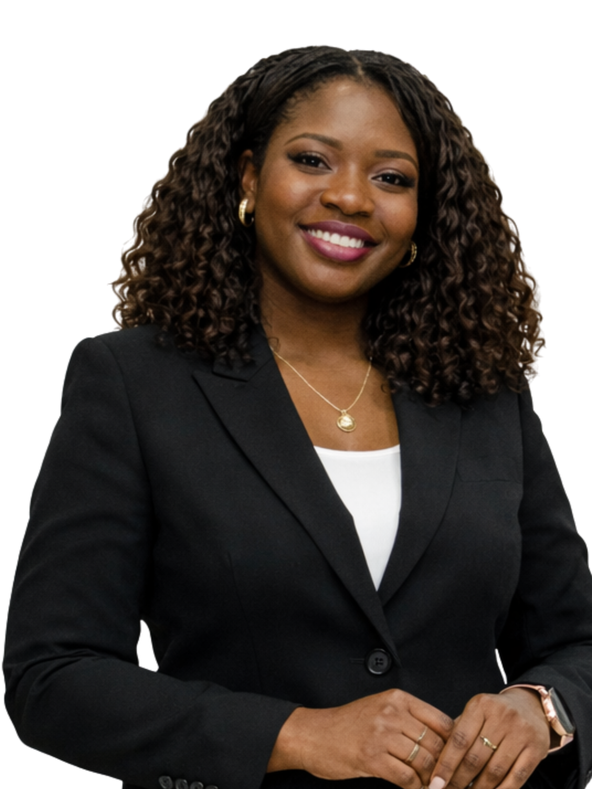 A professional woman with curly hair, smiling, wearing a black blazer, gold jewelry, and a white top, posing confidently to represent MPIYER's welcoming presence and HERE TO SERVE!