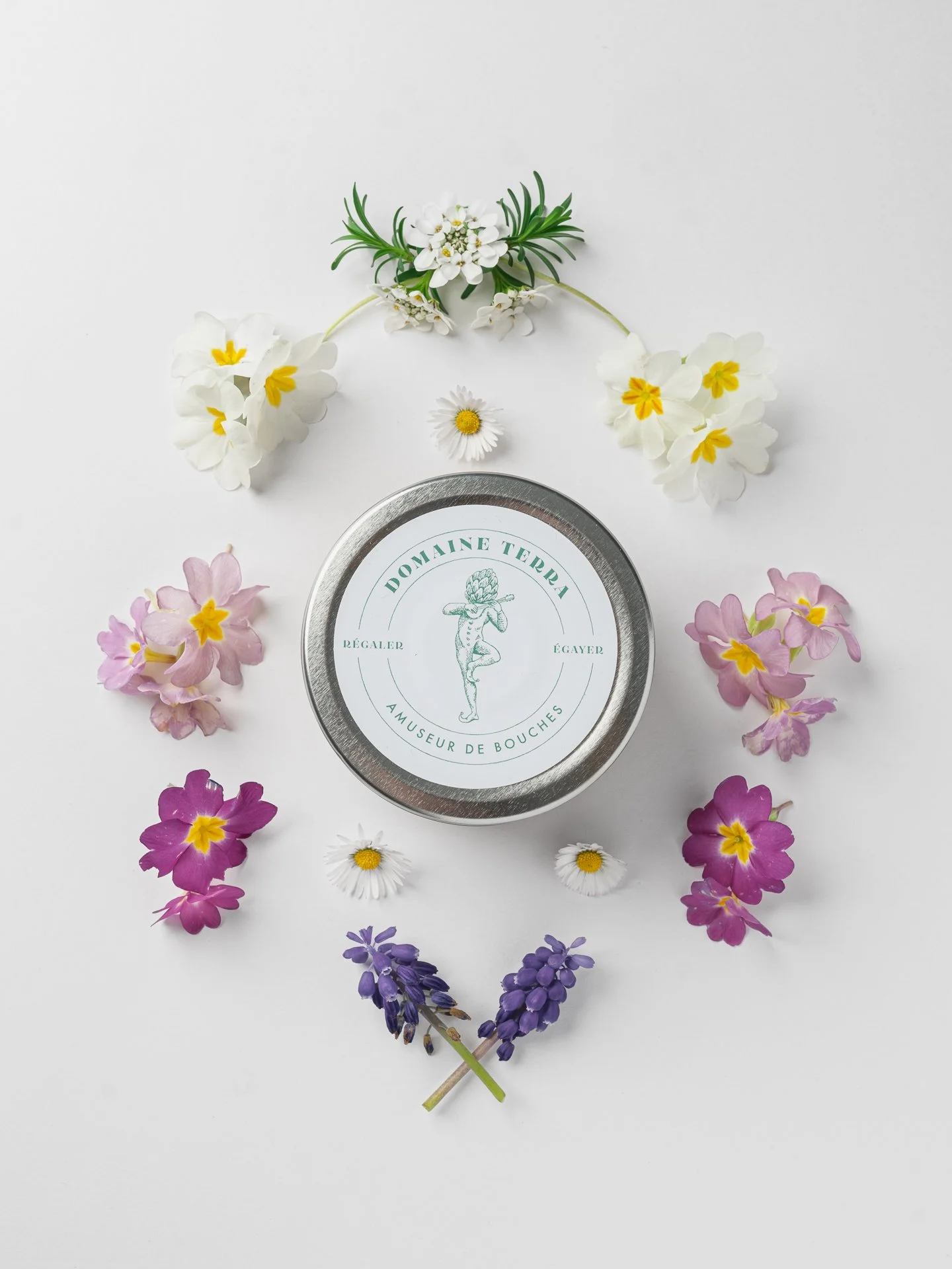 Une boîte en métal portant un logo avec un homme nu avec une couronne de fleurs sur la tête, entourée du texte « Domaine Terra » et « Amuseur de Bouches ». La boîte est entourée de fleurs de différentes couleurs, notamment du blanc, du rose, du viole