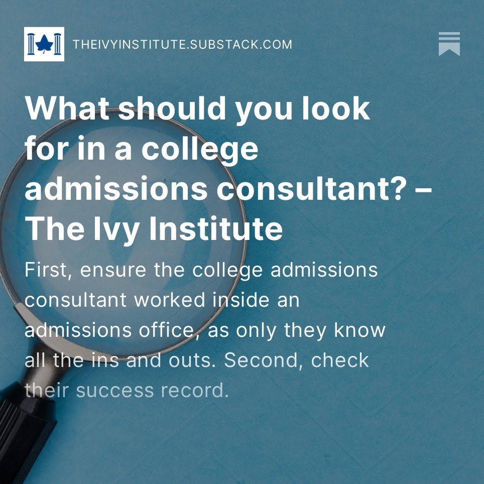 Article snippet on selecting a college admissions consultant by The Ivy Institute, featuring a magnifying glass on a blue background.