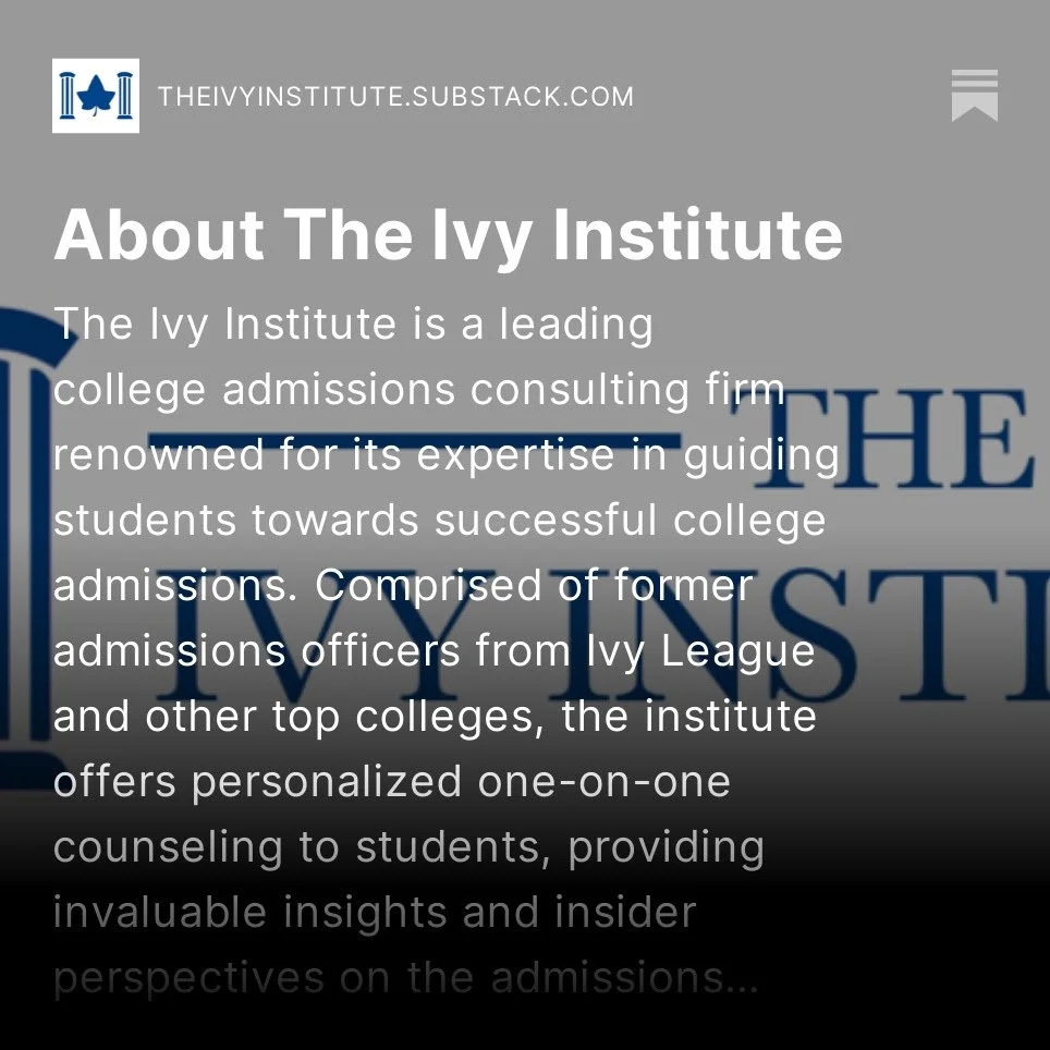 The Ivy Institute information page on Substack, describing it as a college admissions consulting firm with expertise in guiding students, featuring former admissions officers from Ivy League schools.