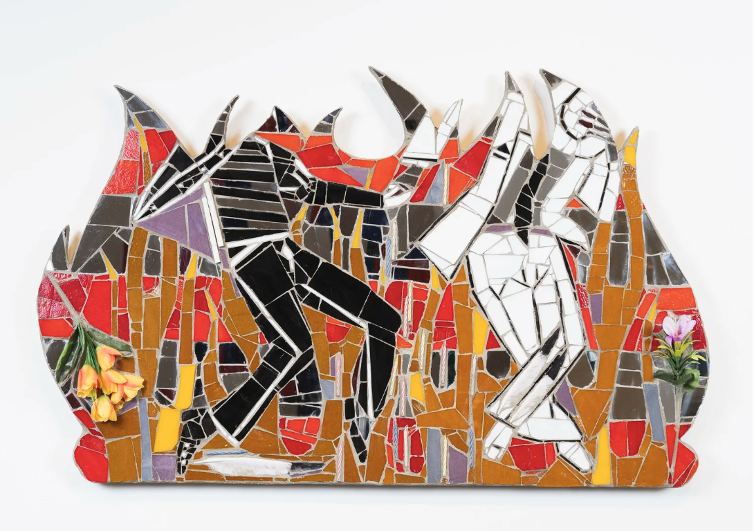 Marco DaSilva, A Light for a Feather, 2025, Plastic flowers, eagle feathers, birthday candles, mosaic glass, mirror, and mortar on compressed foam board, 24.5 × 39 in.

