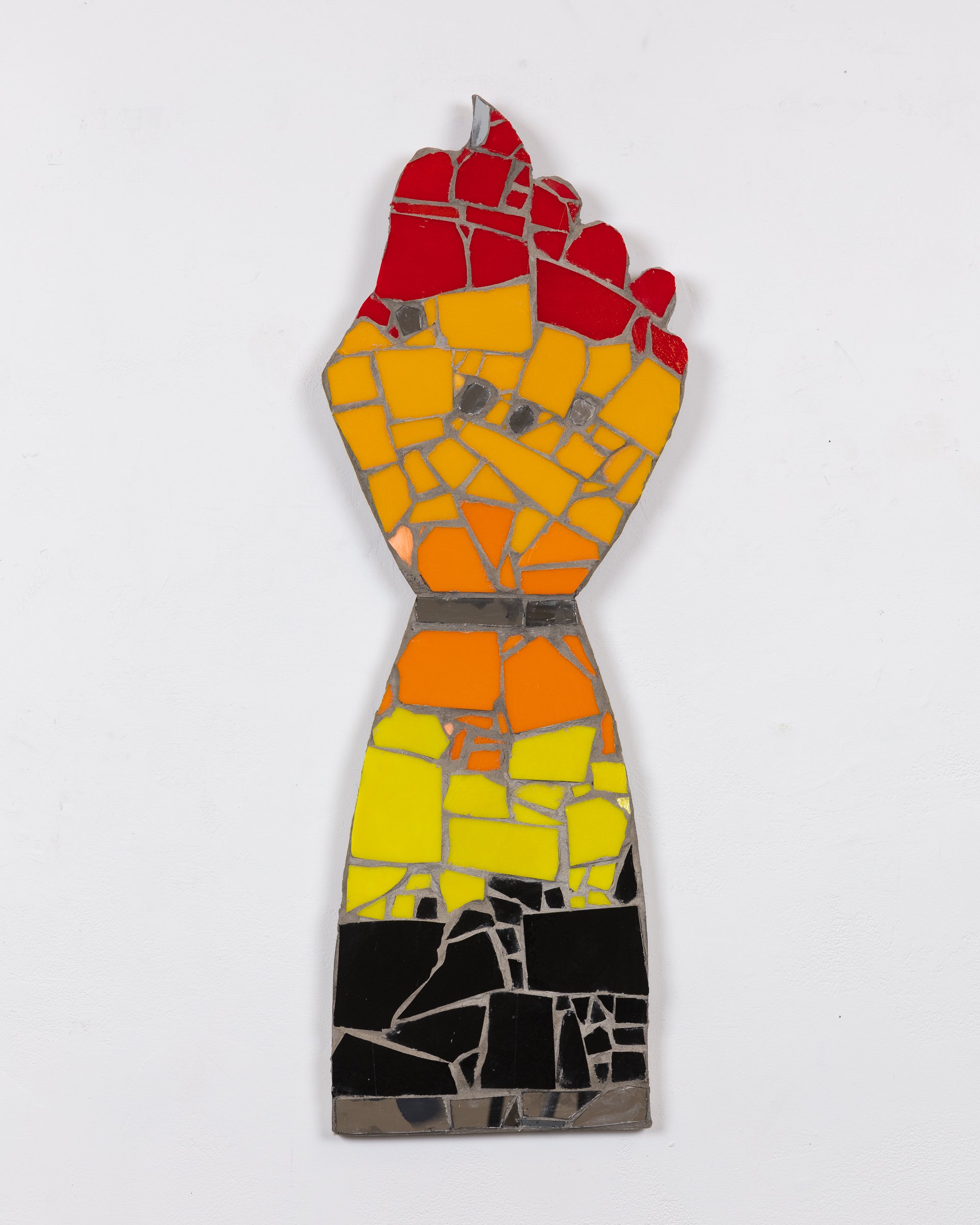 Marco DaSilva, "Brazilian Figa Sunset (Chance Destiny Trophies), "2024, Mosaic tile, mirror and mortar on compressed foam board, 12 × 34 in.
