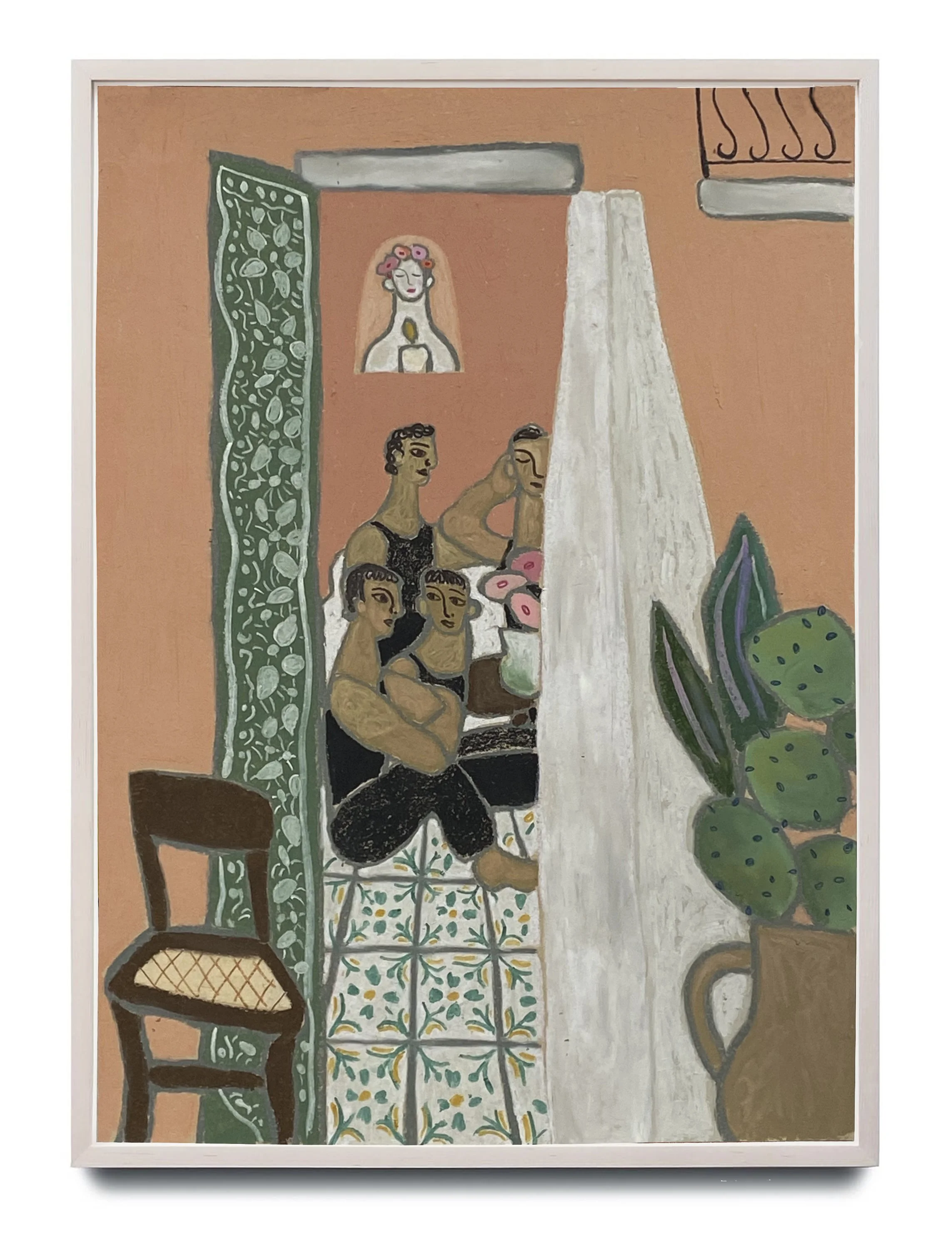 Angelo Vasta, “Untitled (Boys on a Sicilian Window),” 2025, Oil Pastels on Paper, 22 × 16 in