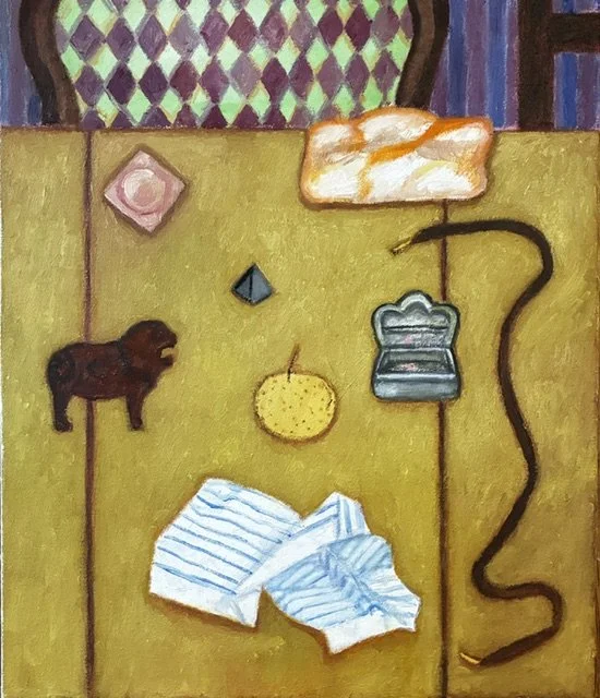 Nora Riggs, Still Life With Orange Rock, 2026, Oil on canvas, 16 x 19 inches