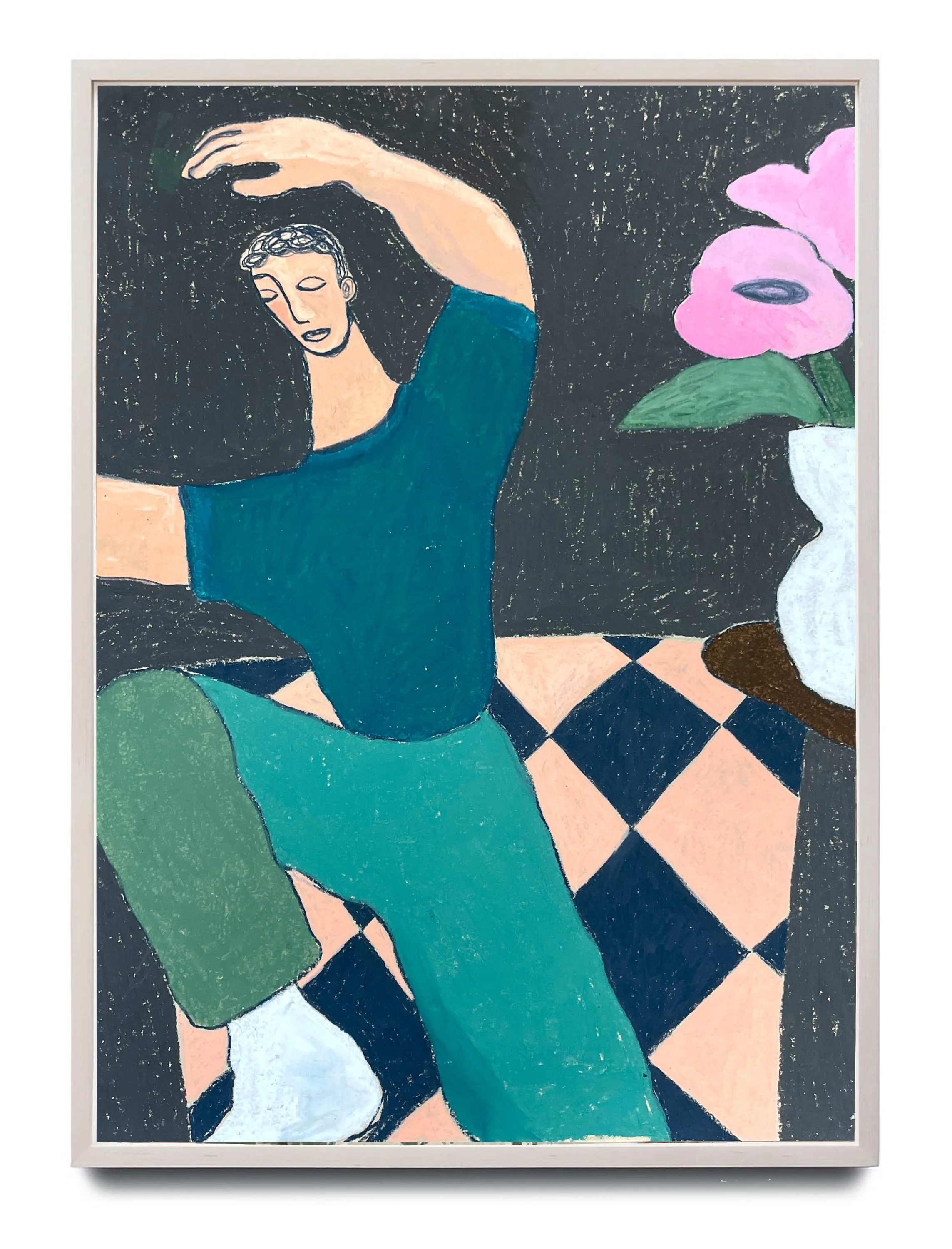 Angelo Vasta, “Untitled (Green Dancer with Flowers),” 2025, Oil Pastels on Paper, 30 × 24 in