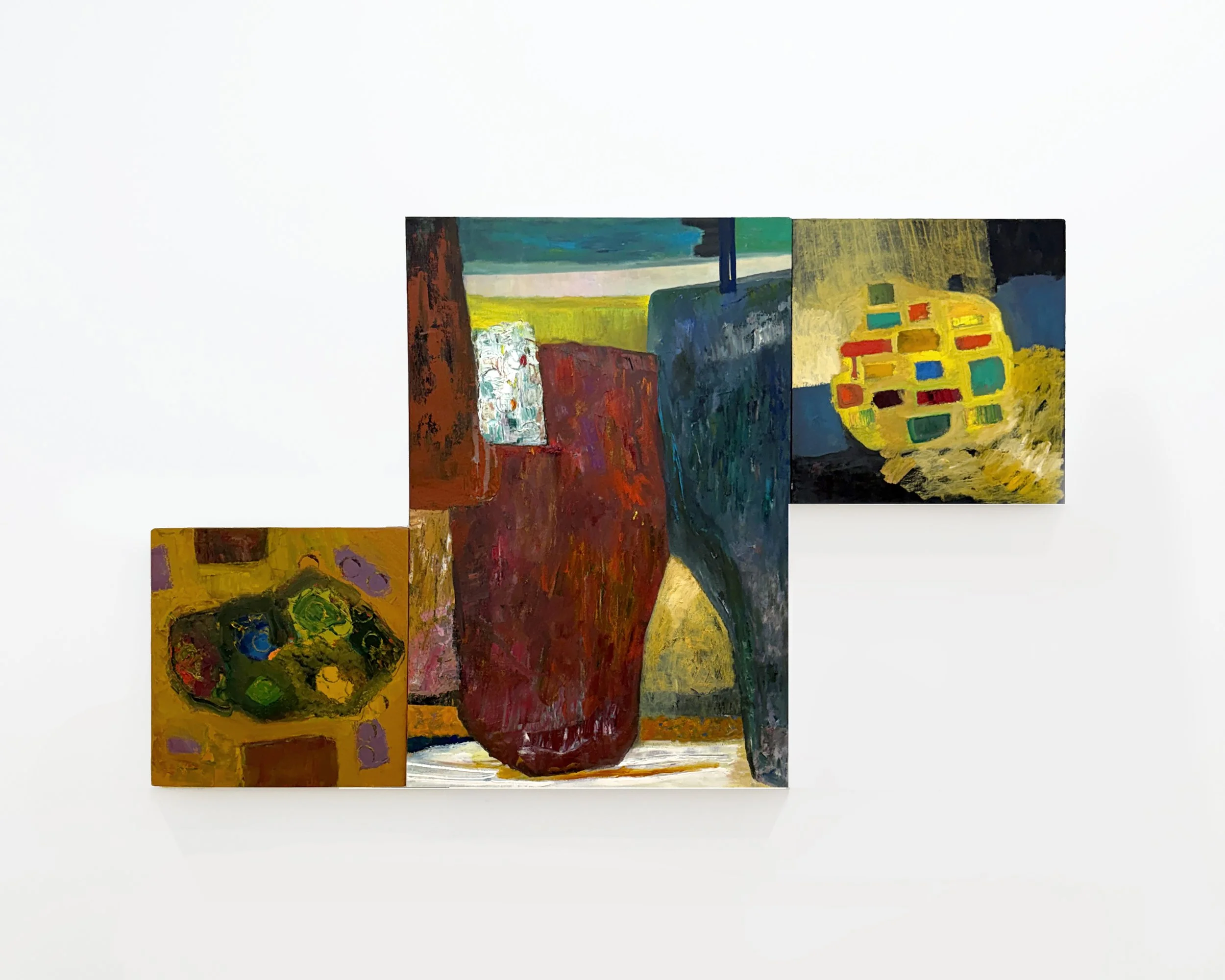 Bascha Mon, Bretagne Carnac, 1992, three-panel work, dimensions variable; Panel A: 22.5 × 21.5 in, Panel B: 34 × 48 in, Panel C: 24 × 24 in