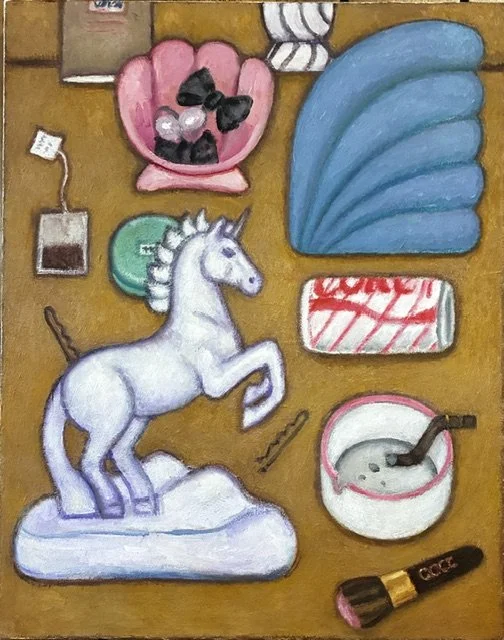 Nora Riggs, Still Life With Unicorn, 2026, Oil on canvas, 16 x 20 inches