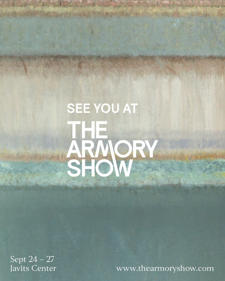 A poster for The Armory Show at Javits Center, Sept 24–27. White text over an abstract background of teal and beige bands reads "THE ARMORY SHOW", the event dates, and website.