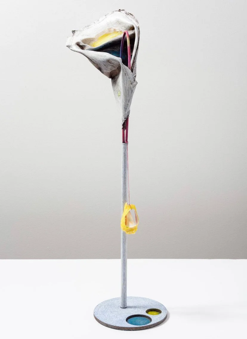 Elisa Lendvay, Cala Standing, 2020, Steel, steel rod, found metal part, shell felt, pigment, oil paint, 24 1:2 × 7 × 11 in.jpeg