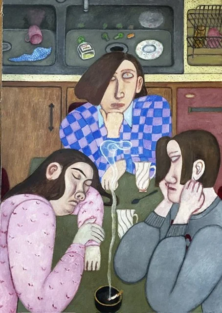 Nora Riggs, Sisters In a Kitchen, 2026, Oil on canvas, 34 x 48 inches