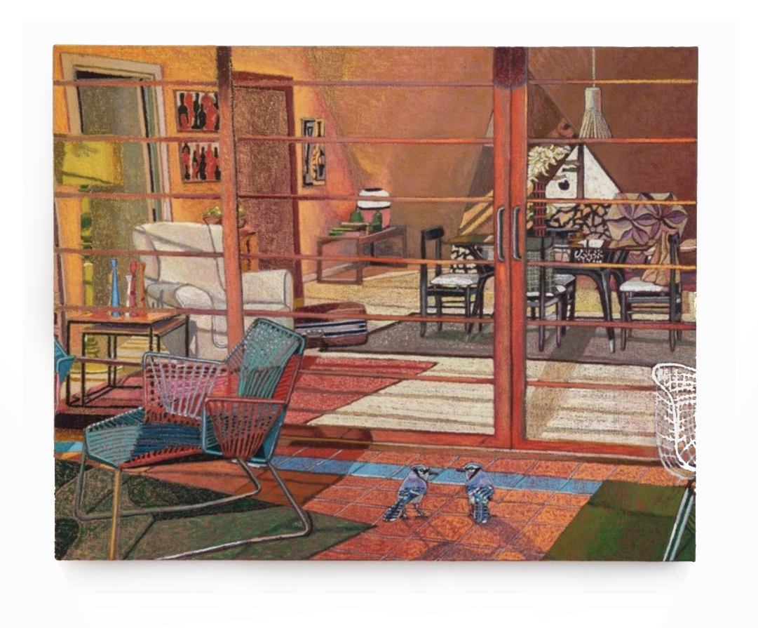 JJ Manford, Almodóvar Interior #4 Broken Embraces with Bluejays, 2024, Oll pastel and Flashe on linen, 40 × 50 in.png