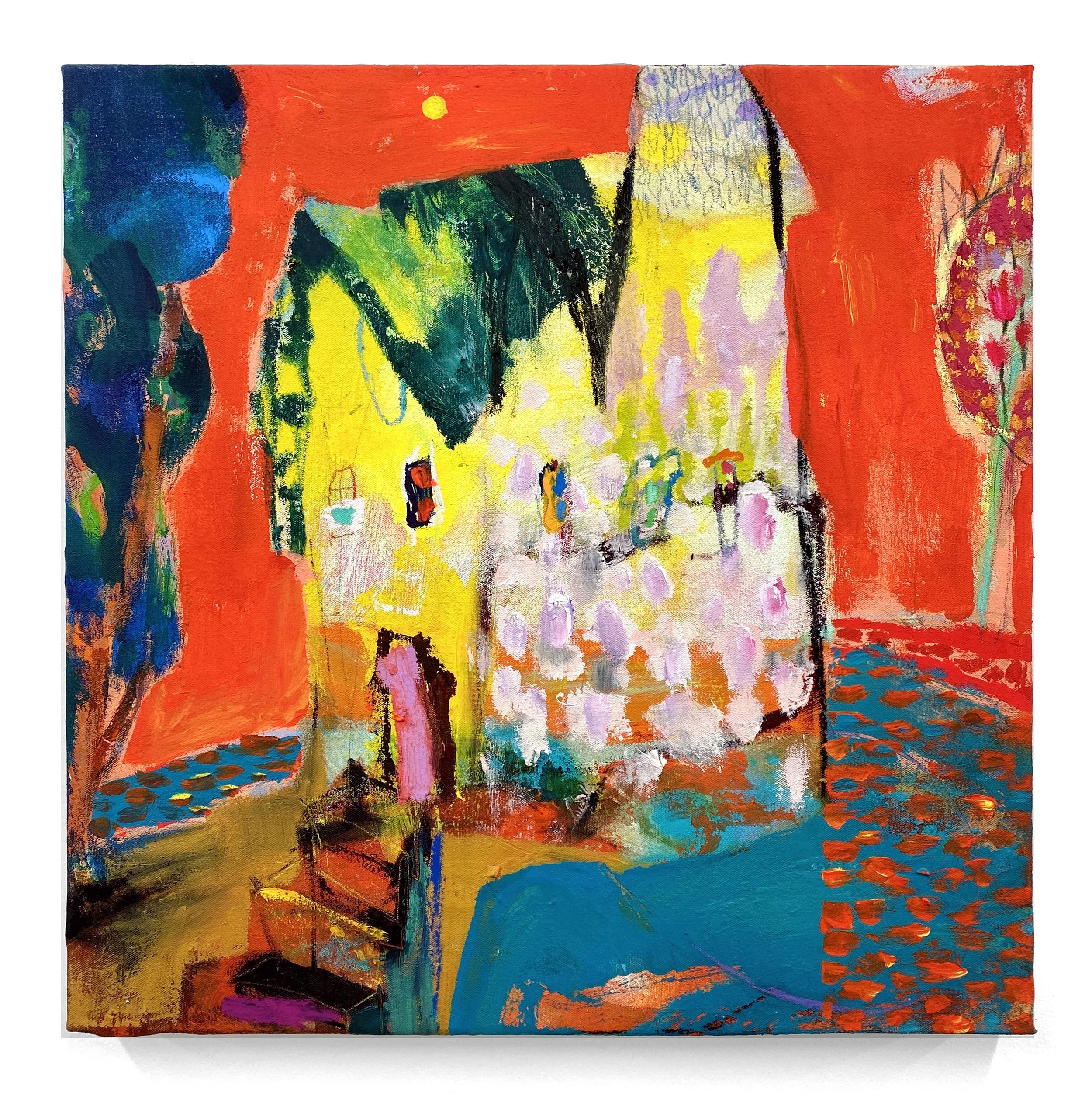 Areum Yang, House on the Lake, 2023, Acrylic, oil pastel, charcoal on canvas, 20 × 20 in.jpg