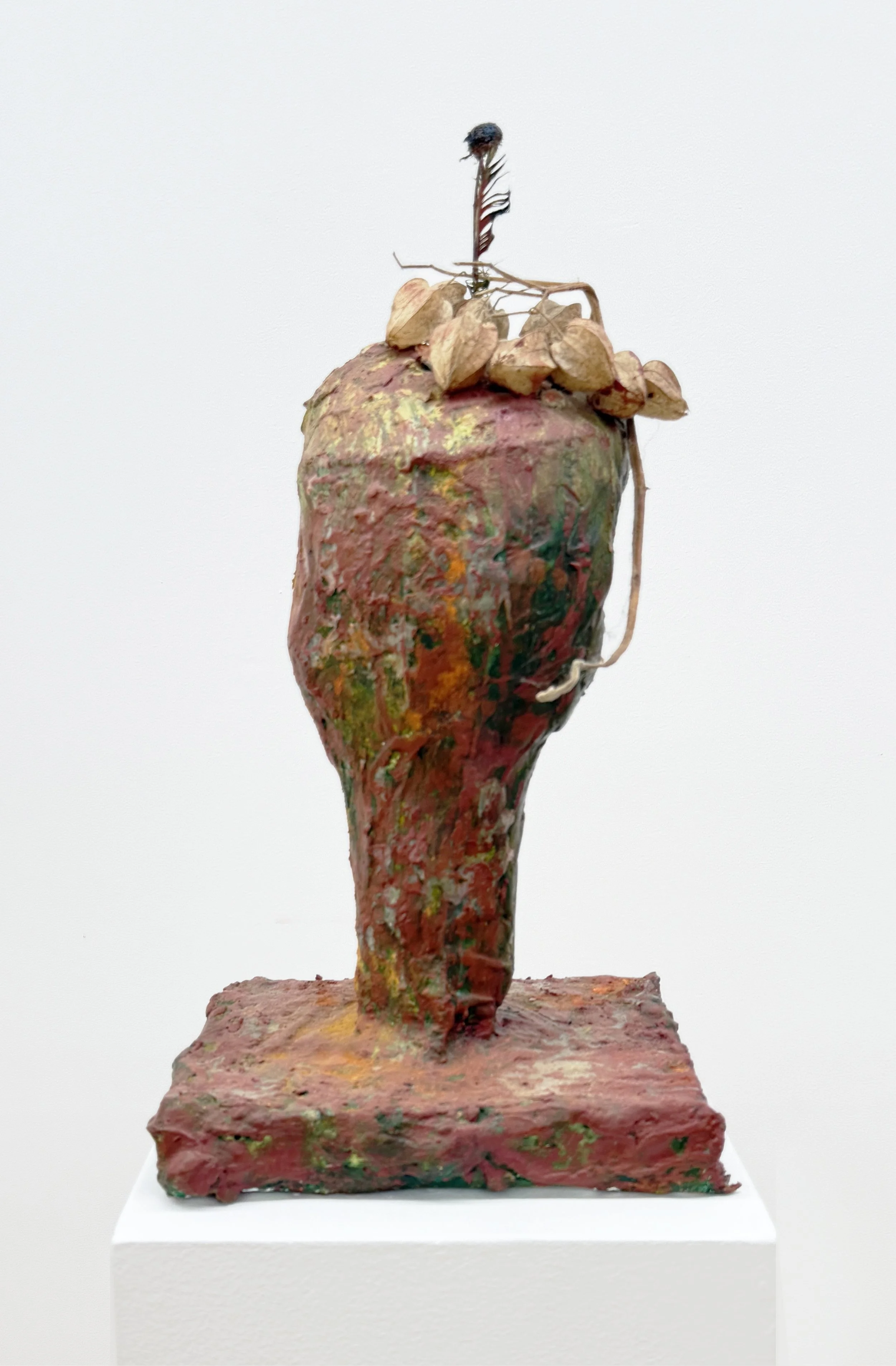 Bascha Mon, Head 1, 1995–2007, plaster, soft pastel, flowers, feather and encaustic, 9 × 25 × 8 in