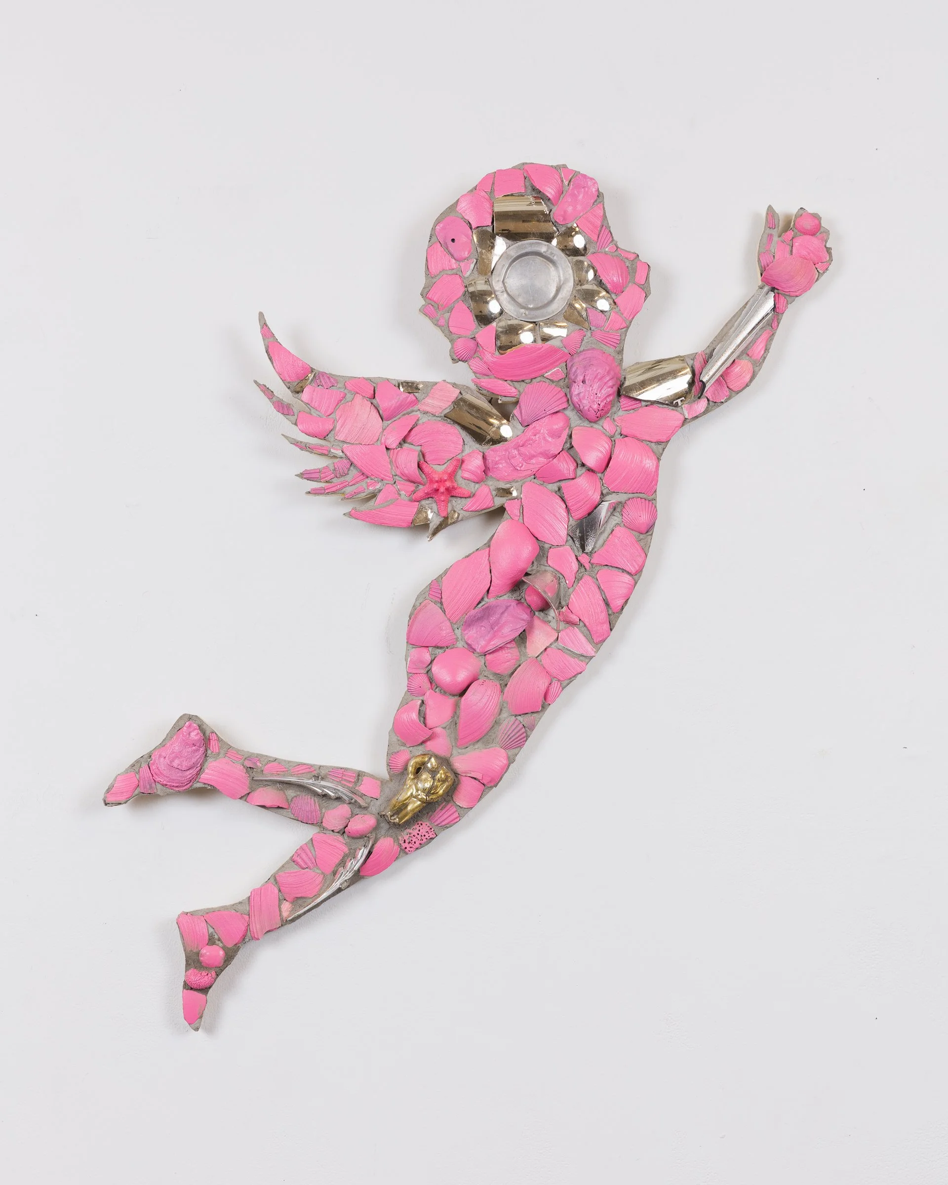 Marco DaSilva, "Pink Cherub (Chance Destiny Trophies)," 2024, Seashells, broken plastic fake gold chalice, broken silver trophy, ceramic miniature figure with gold luster, silver plate, spray paint, mortar on compressed foam board, 22 × 34 in