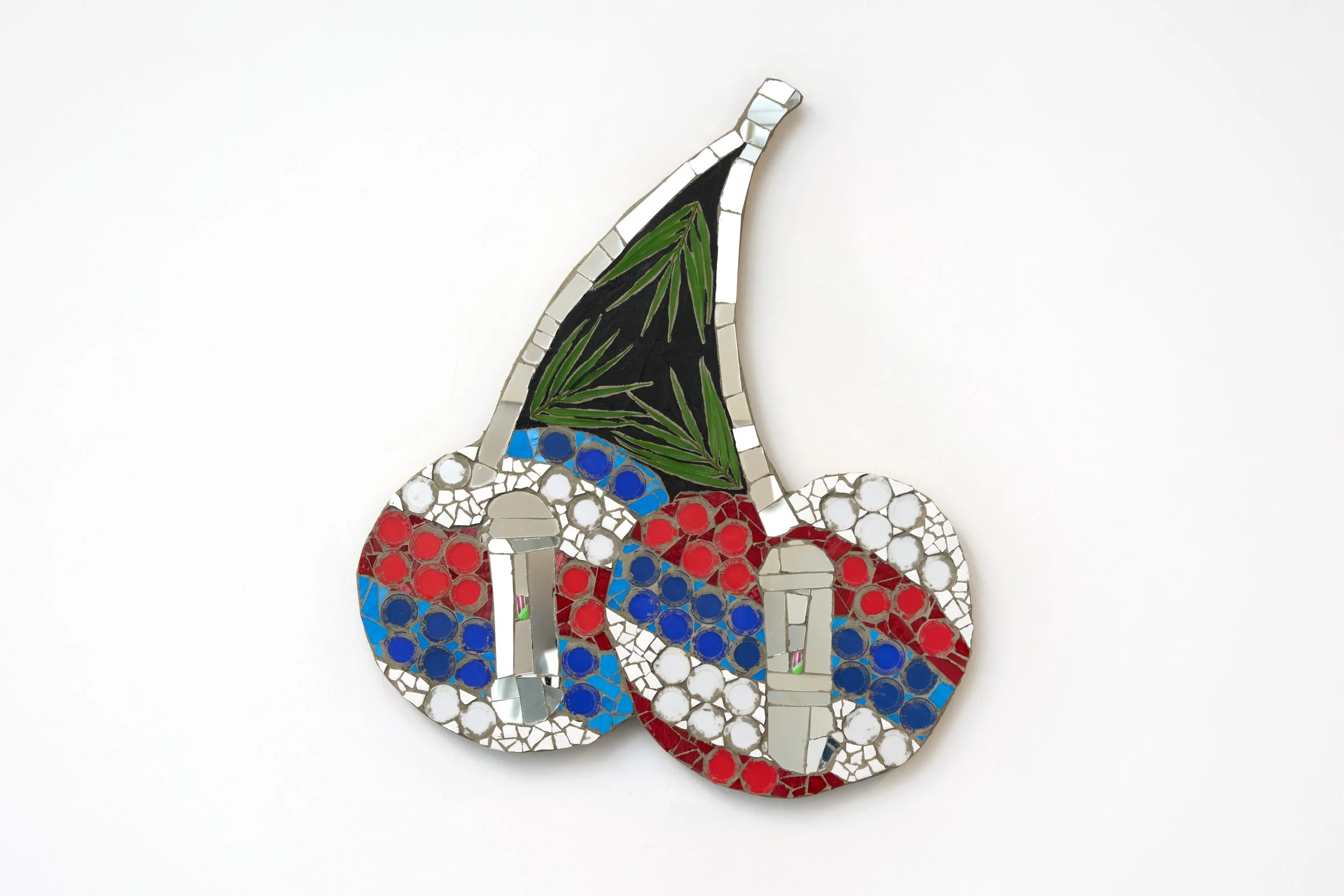 Marco DaSilva, "Barber Pole Cherries, 2025," Bingo chips, plastic palm leaves, house paint, acrylic nails, ceramic tile, mosaic glass, mirror and mortar on compressed foam board, 24.5 × 28 in