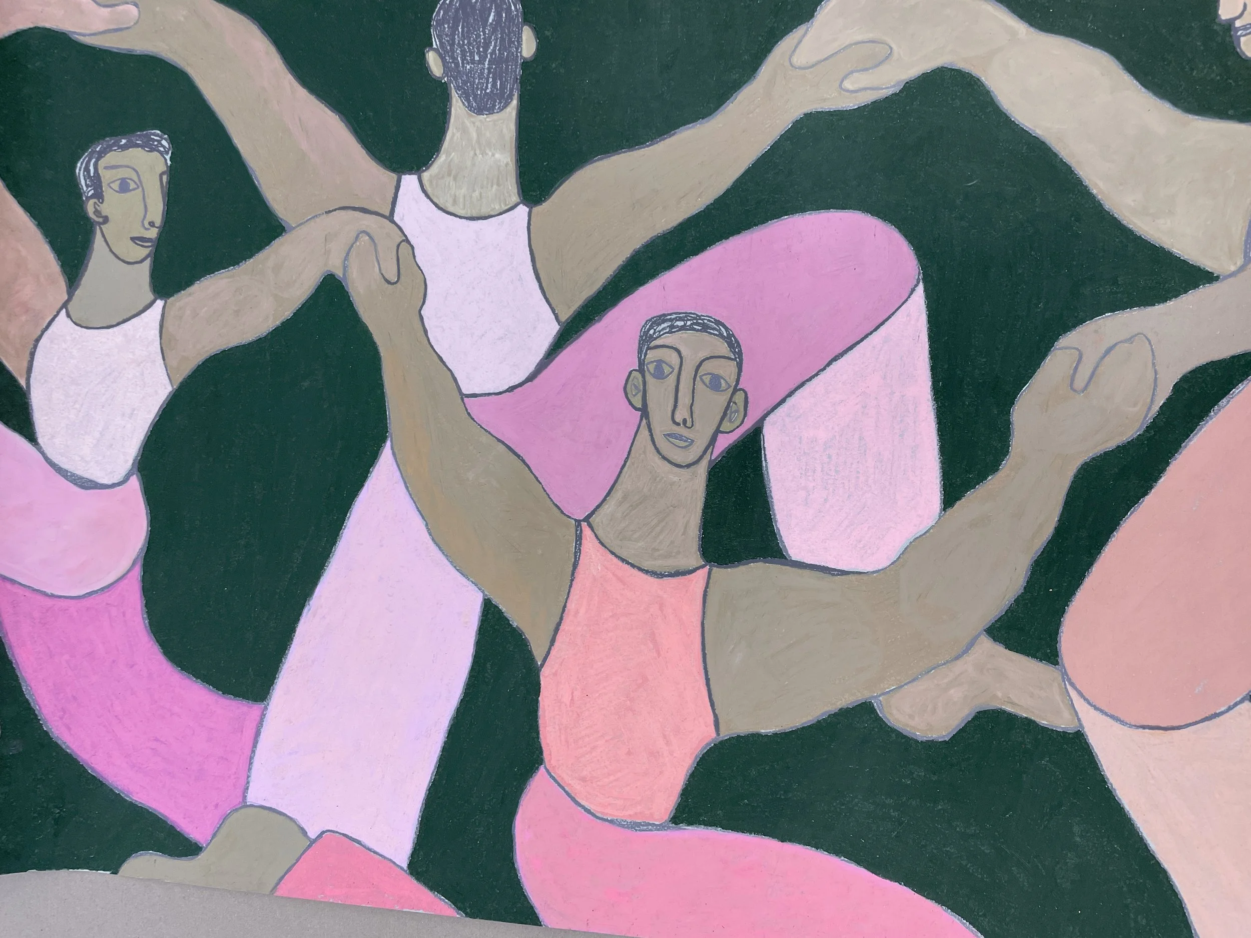Angelo Vasta, “Untitled (Dance Circle in Pink and Green),” 2025, Oil Pastels on Paper, 29 × 41 in
